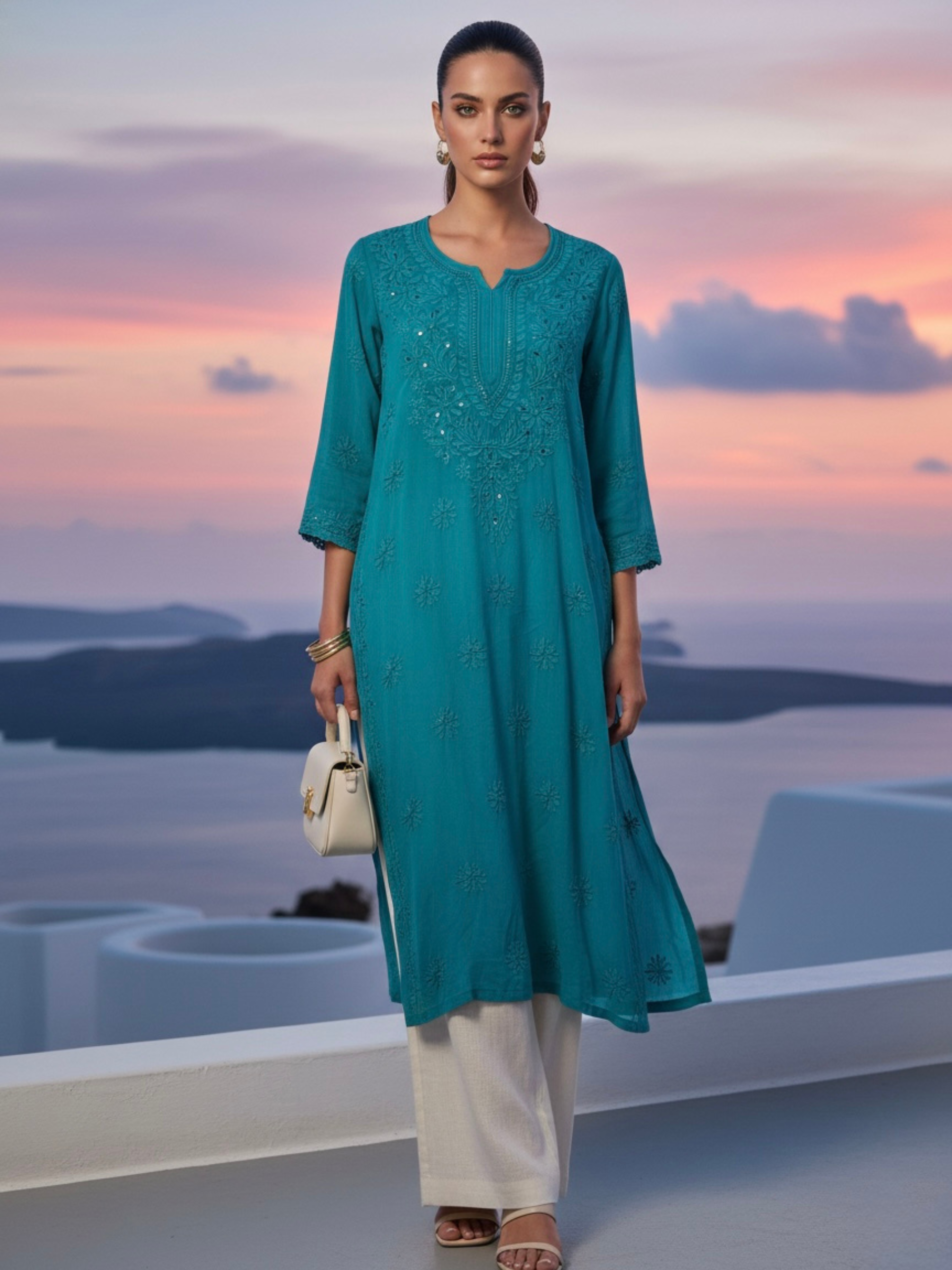 Aqua Teal Gala-Booti Chikankari & Mukaish Kurta