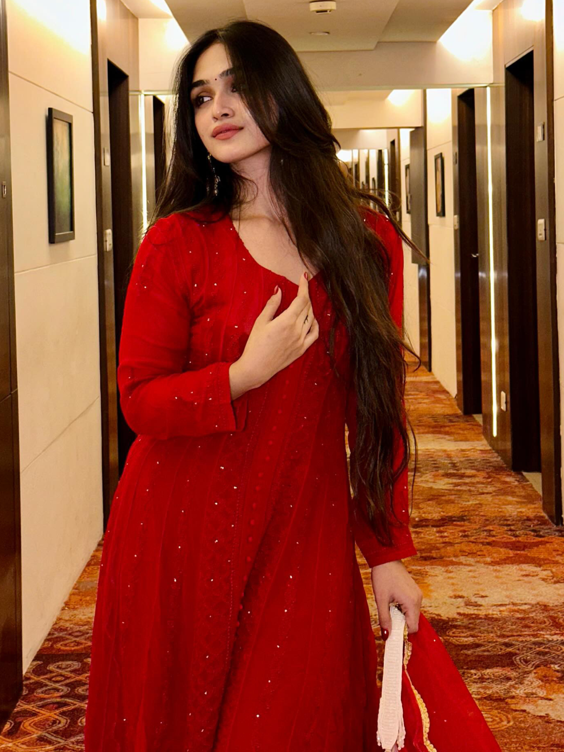 Persian Red Anarkali Chikankari Kurta Set (set of 3)