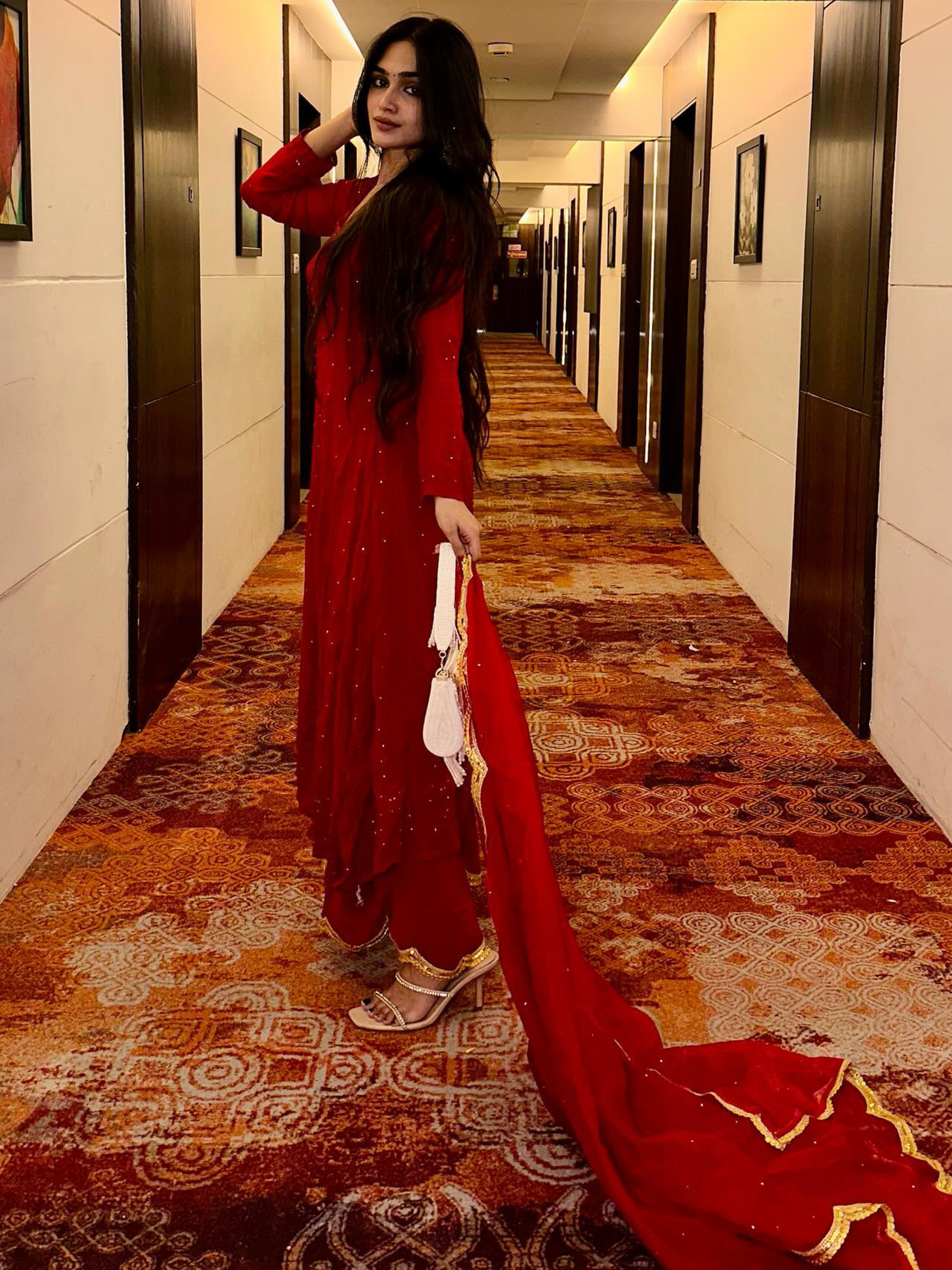 Persian Red Anarkali Chikankari Kurta Set (set of 3)