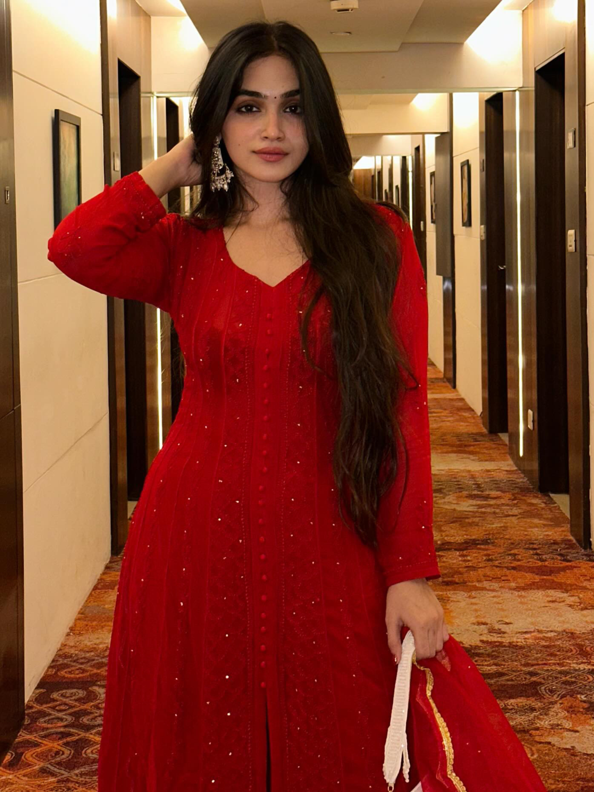 Persian Red Anarkali Chikankari Kurta Set (set of 3)
