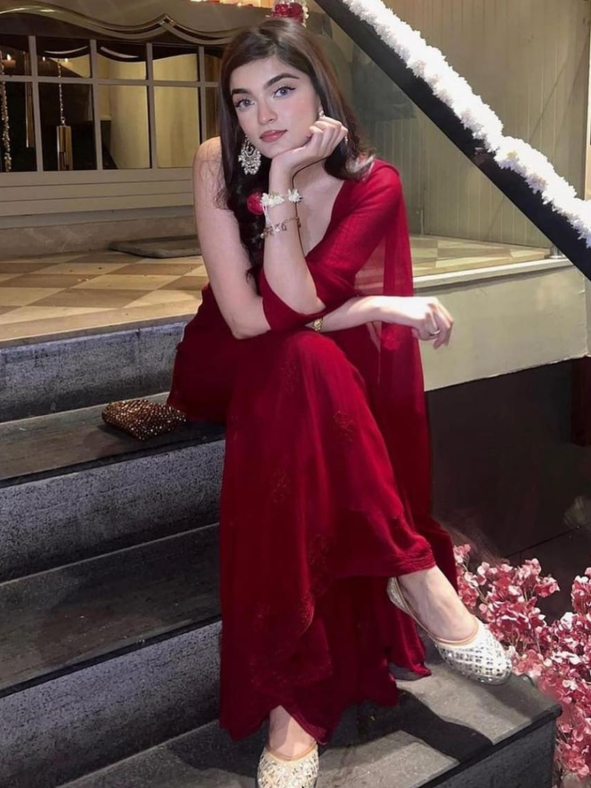 Scarlet Red Chikankari Gharara Short Kurta Set