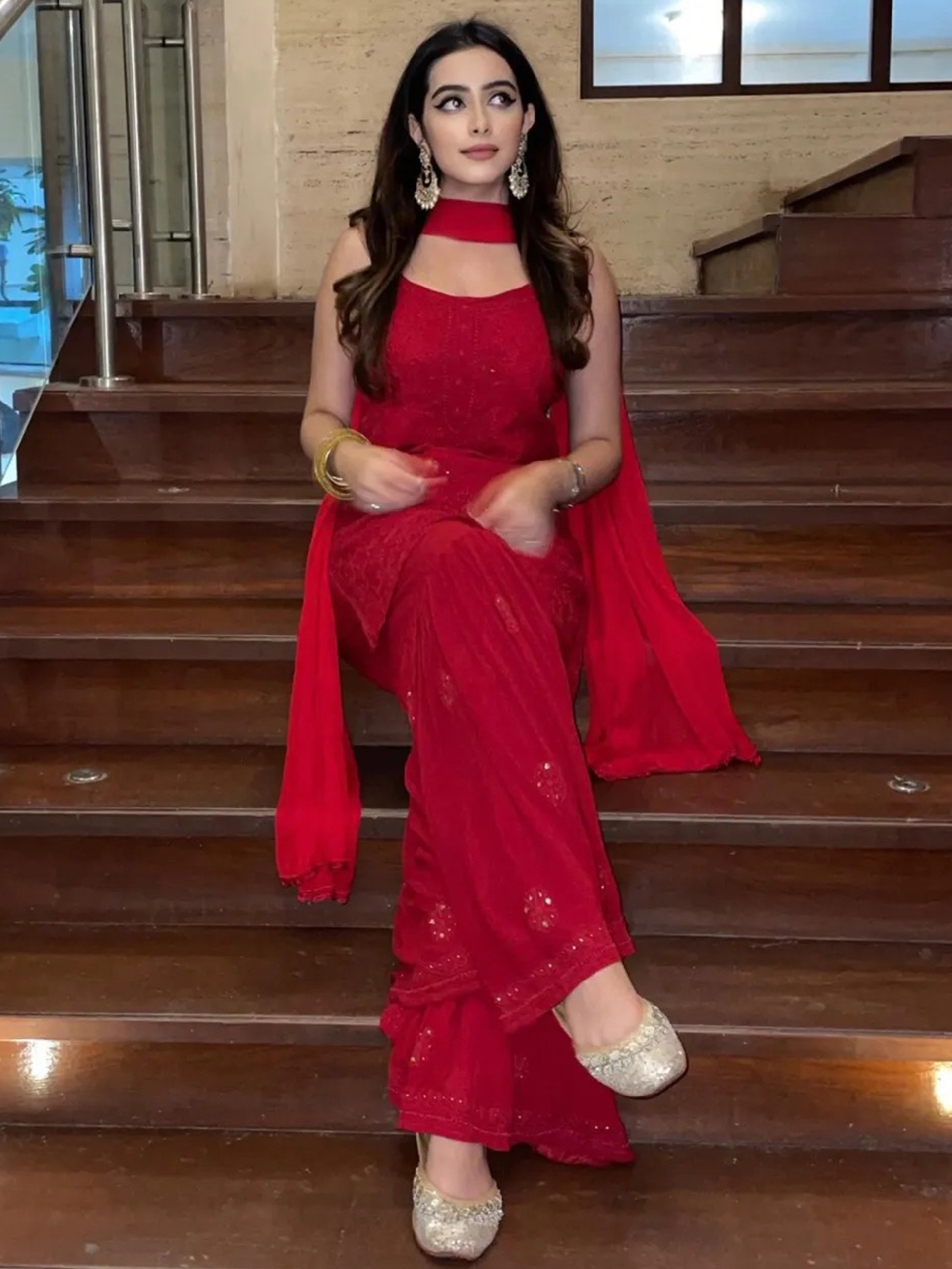 Scarlet Red Chikankari Gharara Short Kurta Set