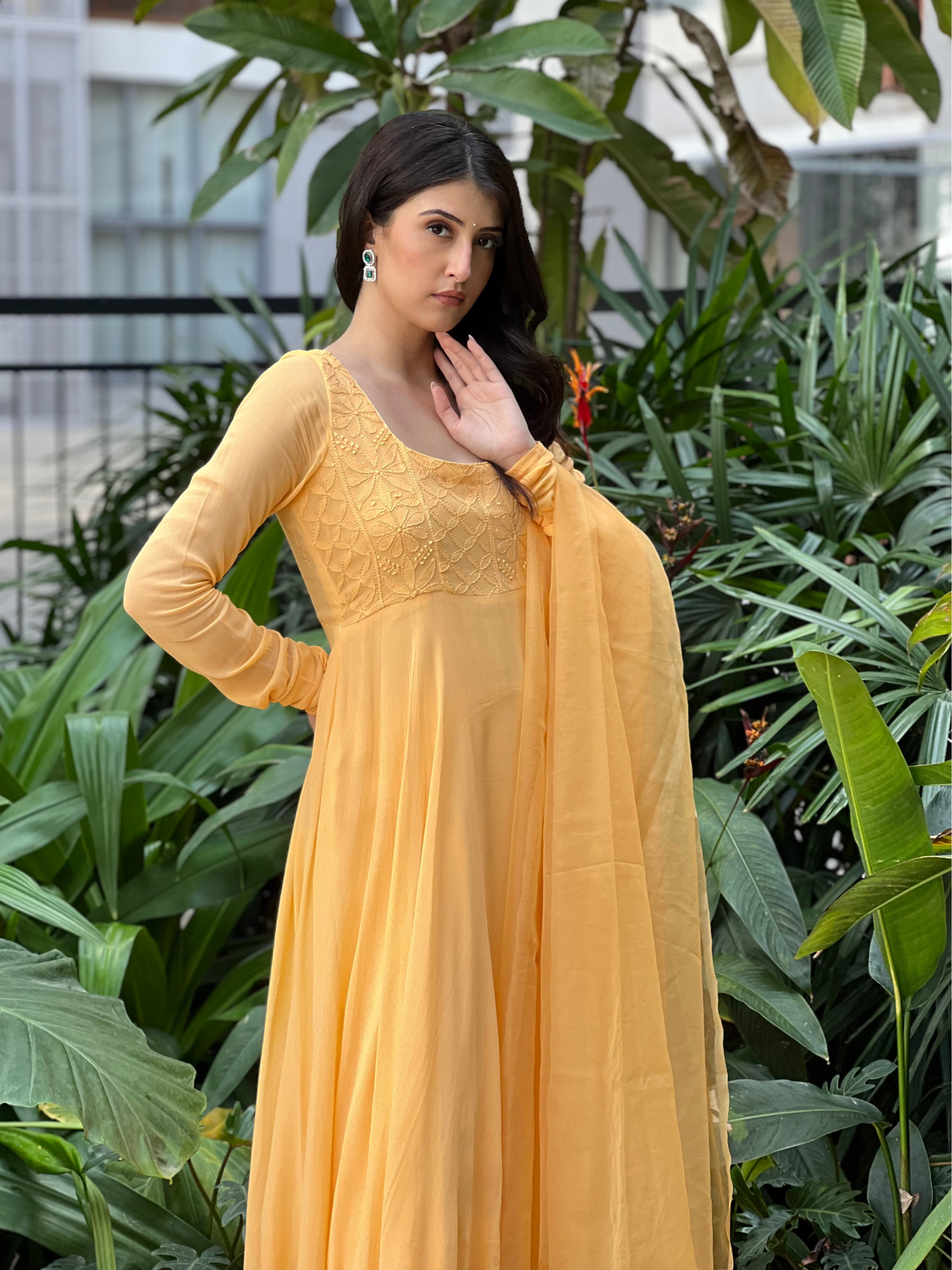 Candy Yellow Chikankari Anarkali (set of 3)