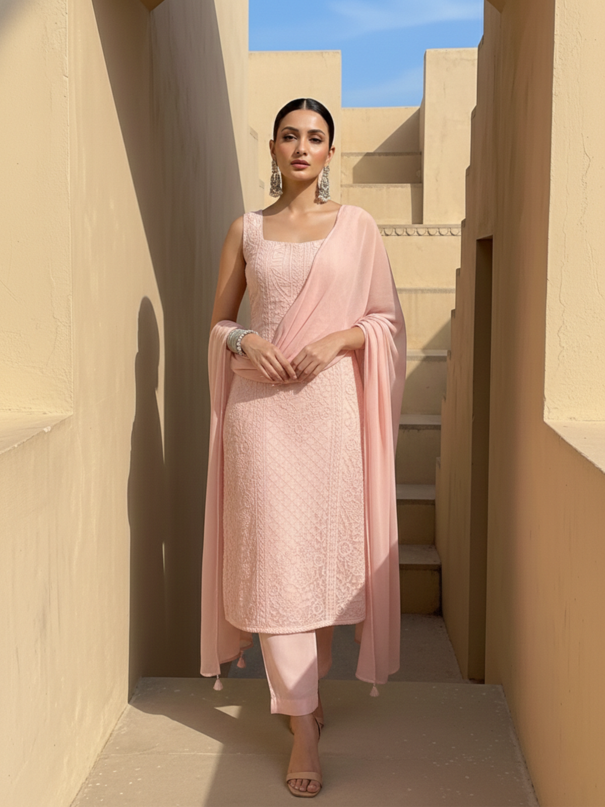 Petal Pink Chikankari Square Neck Kurta-Set