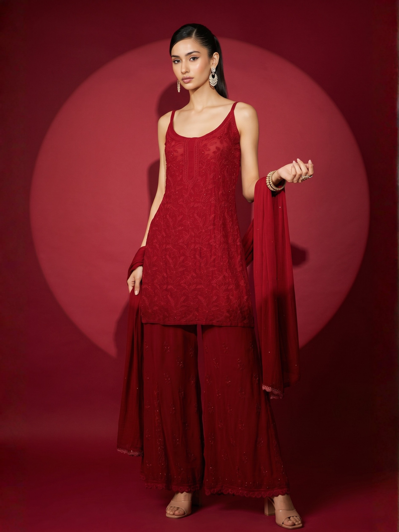 Crimson Chikankari Short Kurta Set