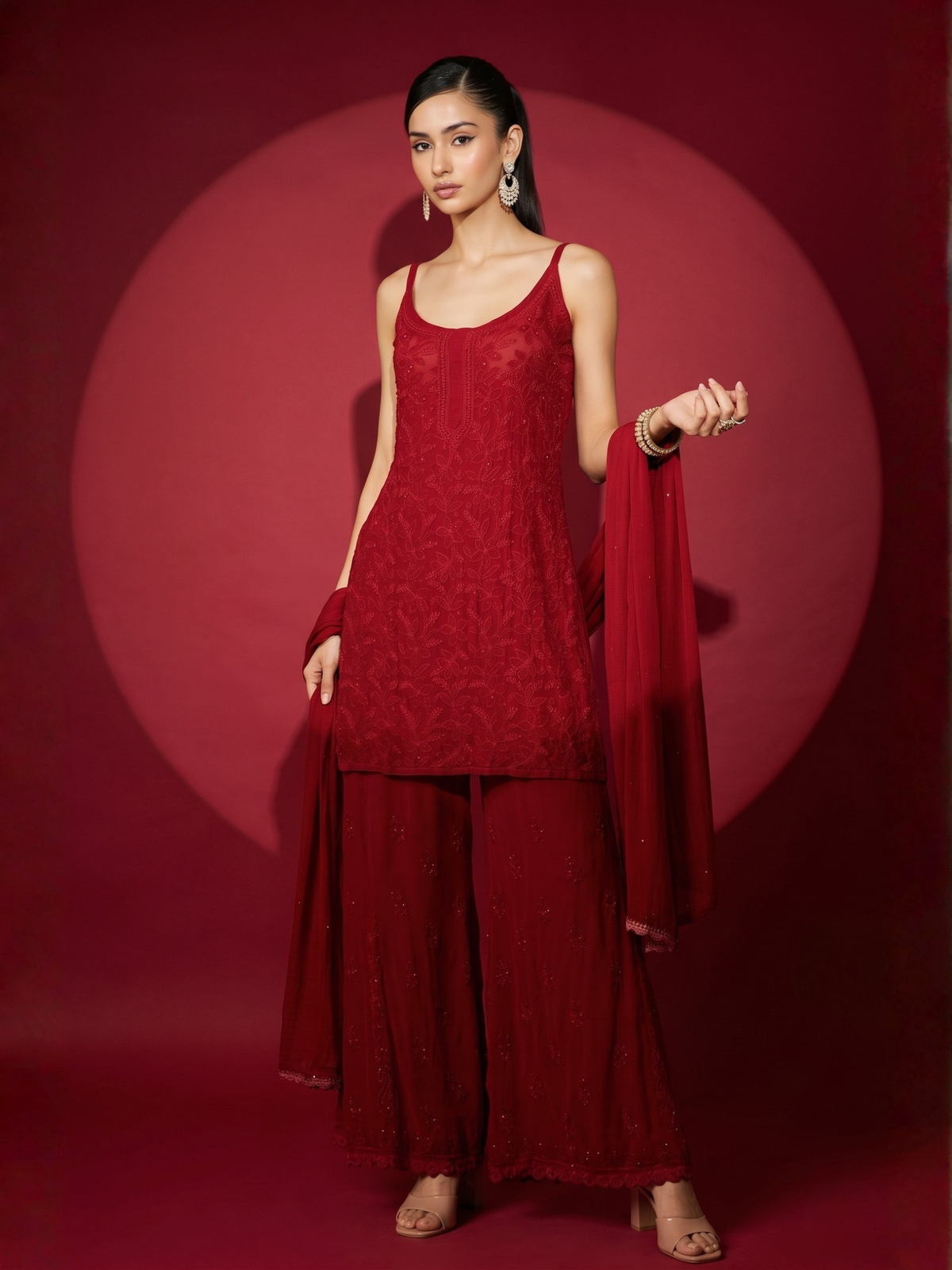 Crimson Chikankari Short Kurta Set