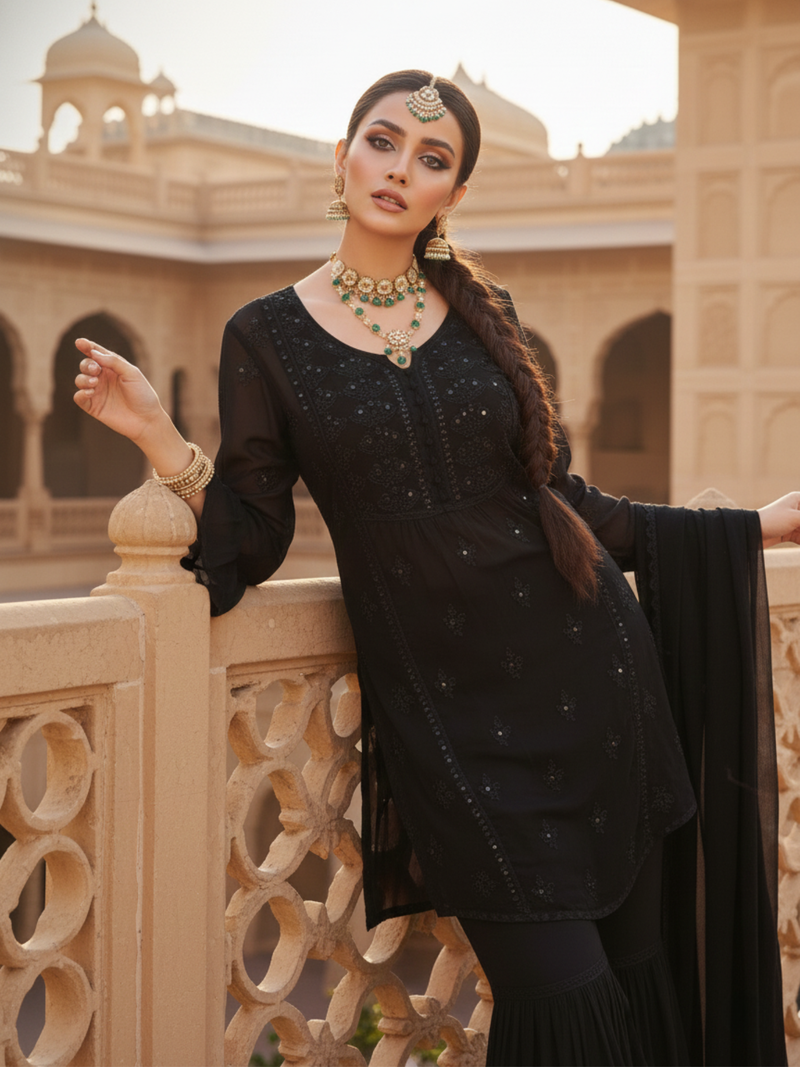 Black Summer Chikankari Gharara Short Kurta Set (Set of 3)