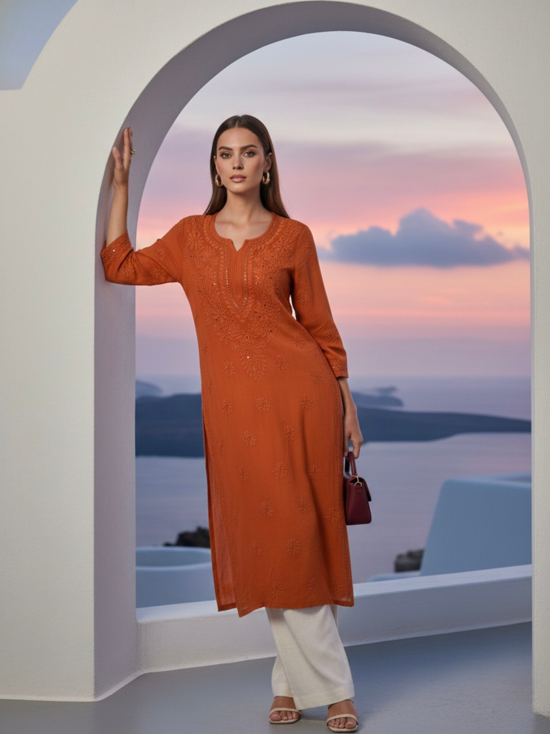 Rust Orange Gala-Booti Chikankari & Mukaish Kurta