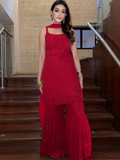 Scarlet Red Chikankari Gharara Short Kurta Set