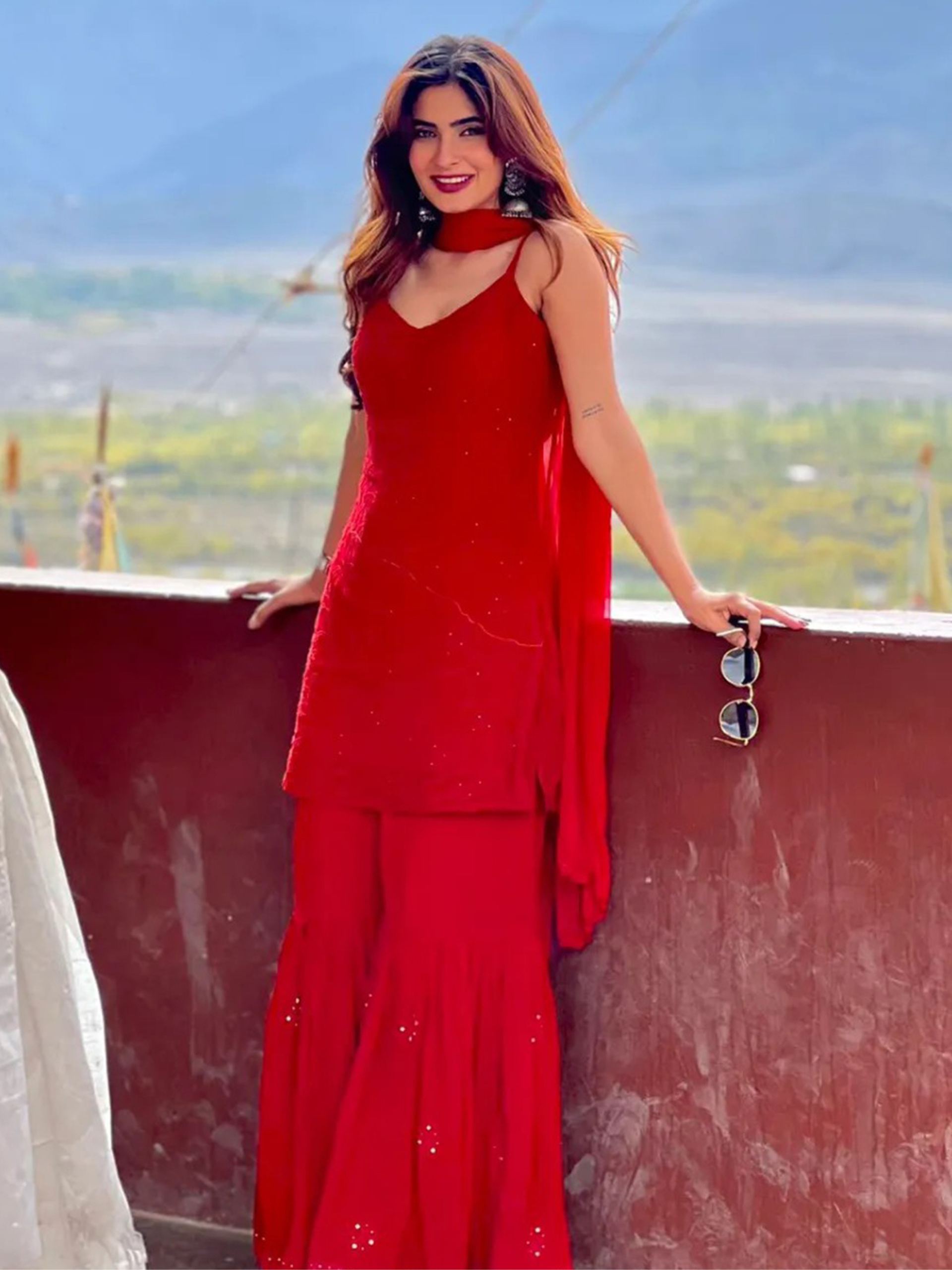 Scarlet Red Chikankari Gharara Short Kurta Set