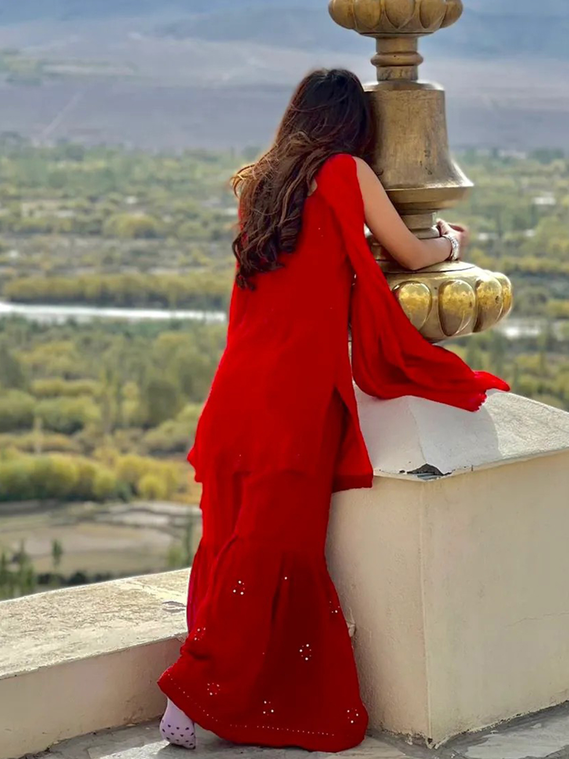Scarlet Red Chikankari Gharara Short Kurta Set