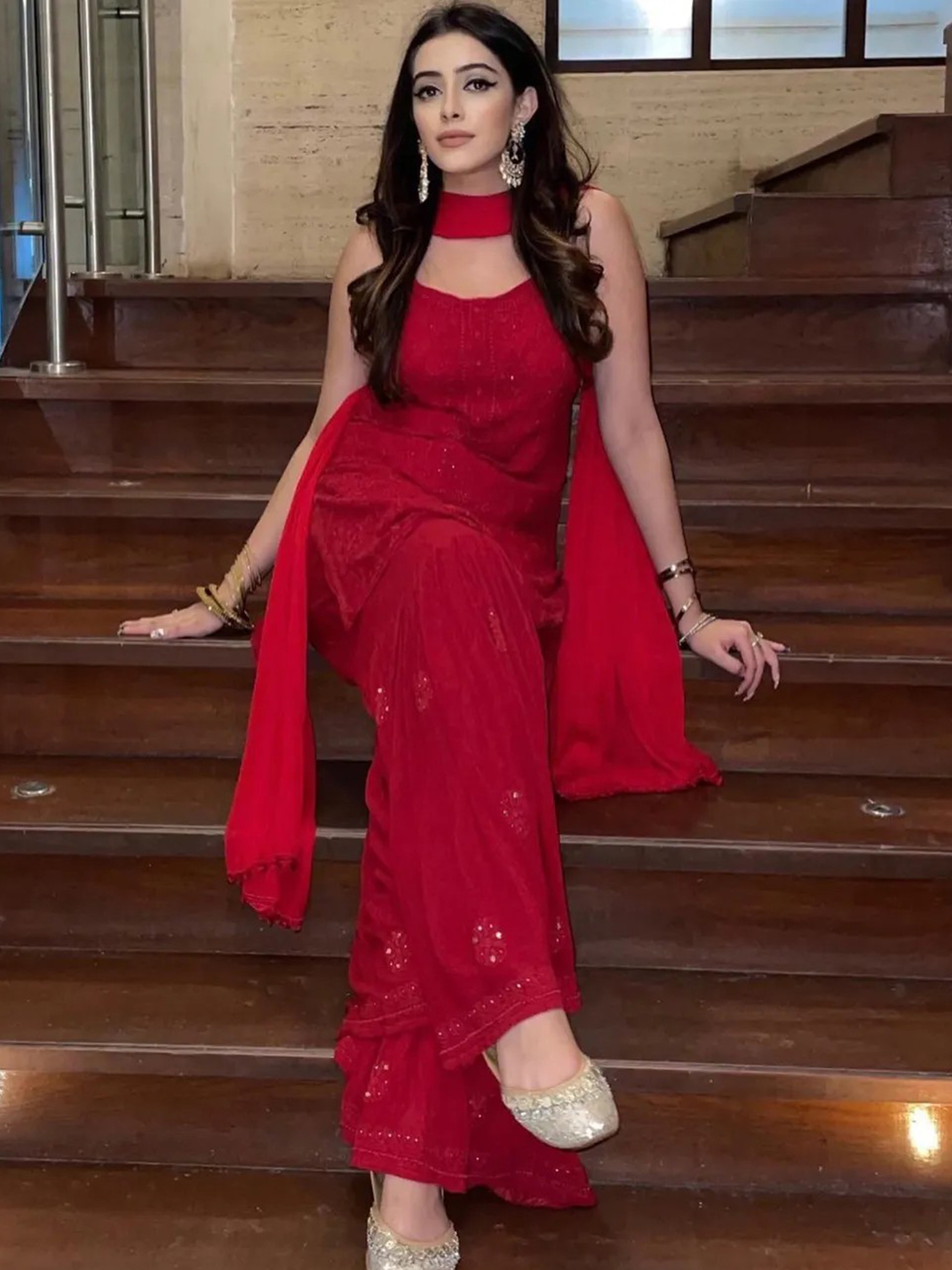 Scarlet Red Chikankari Gharara Short Kurta Set