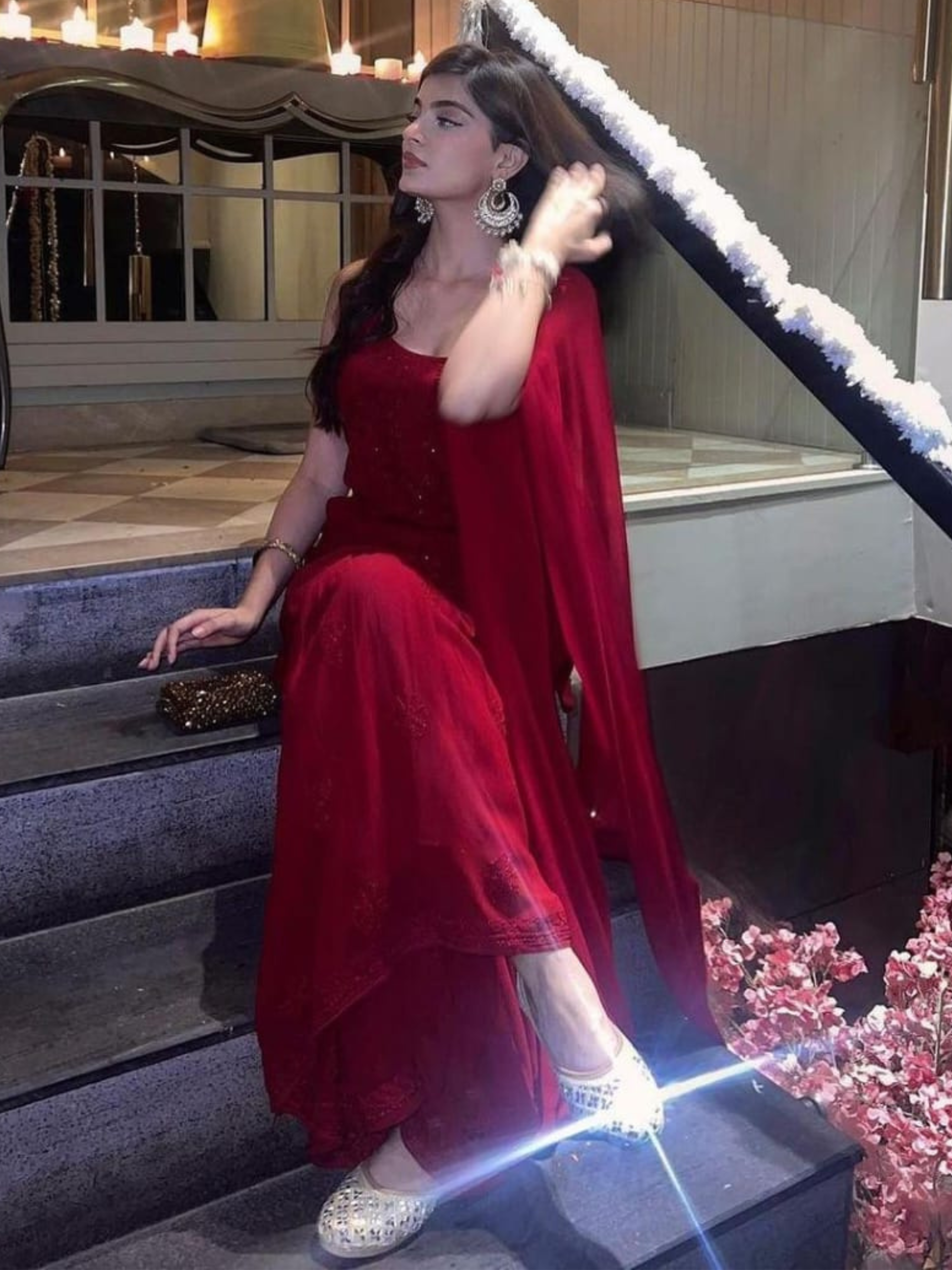 Scarlet Red Chikankari Gharara Short Kurta Set