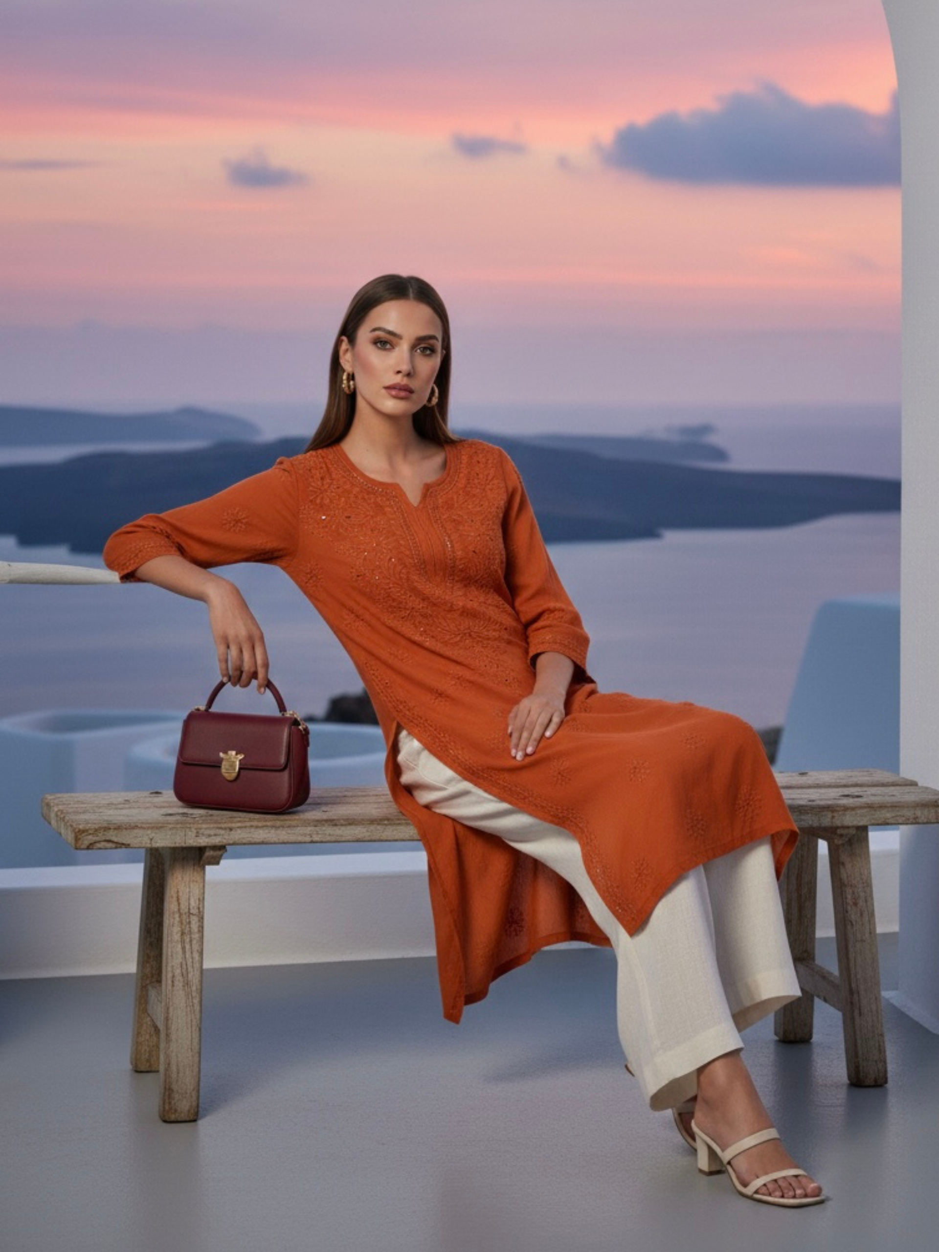 Rust Orange Gala-Booti Chikankari & Mukaish Kurta