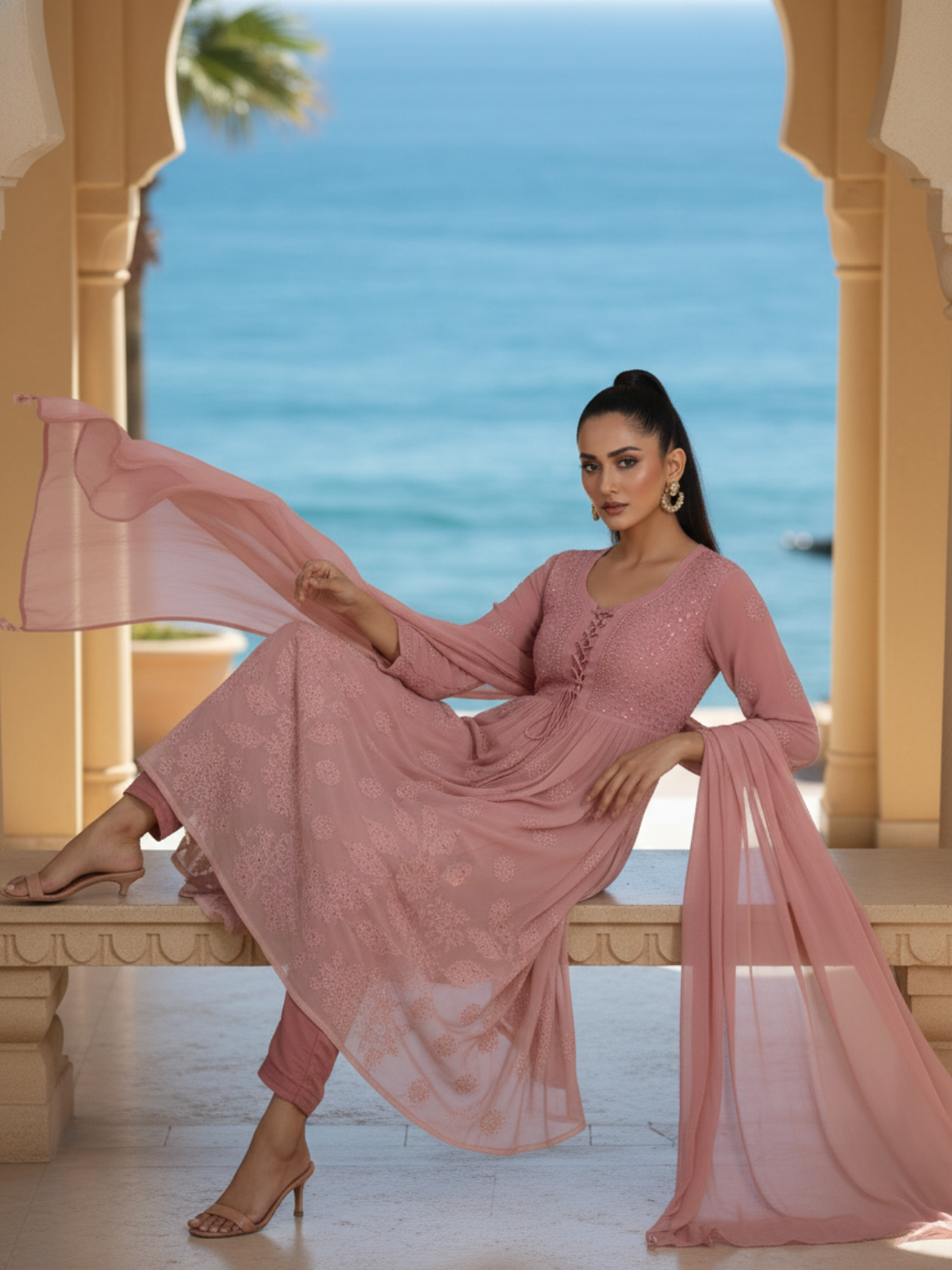 Rose Gold Chikankari Anarkali Set (Set of 3)