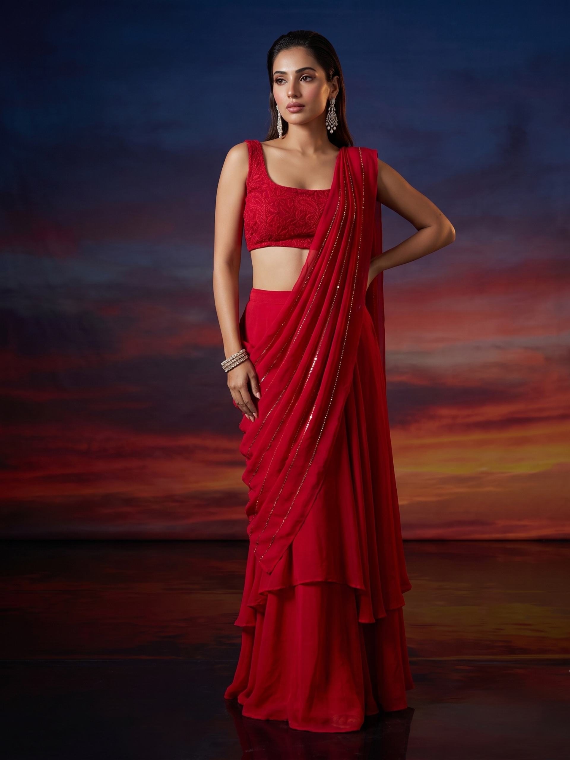 Ruby Milan Sequin-Embellished Chikankari Lehenga Saree