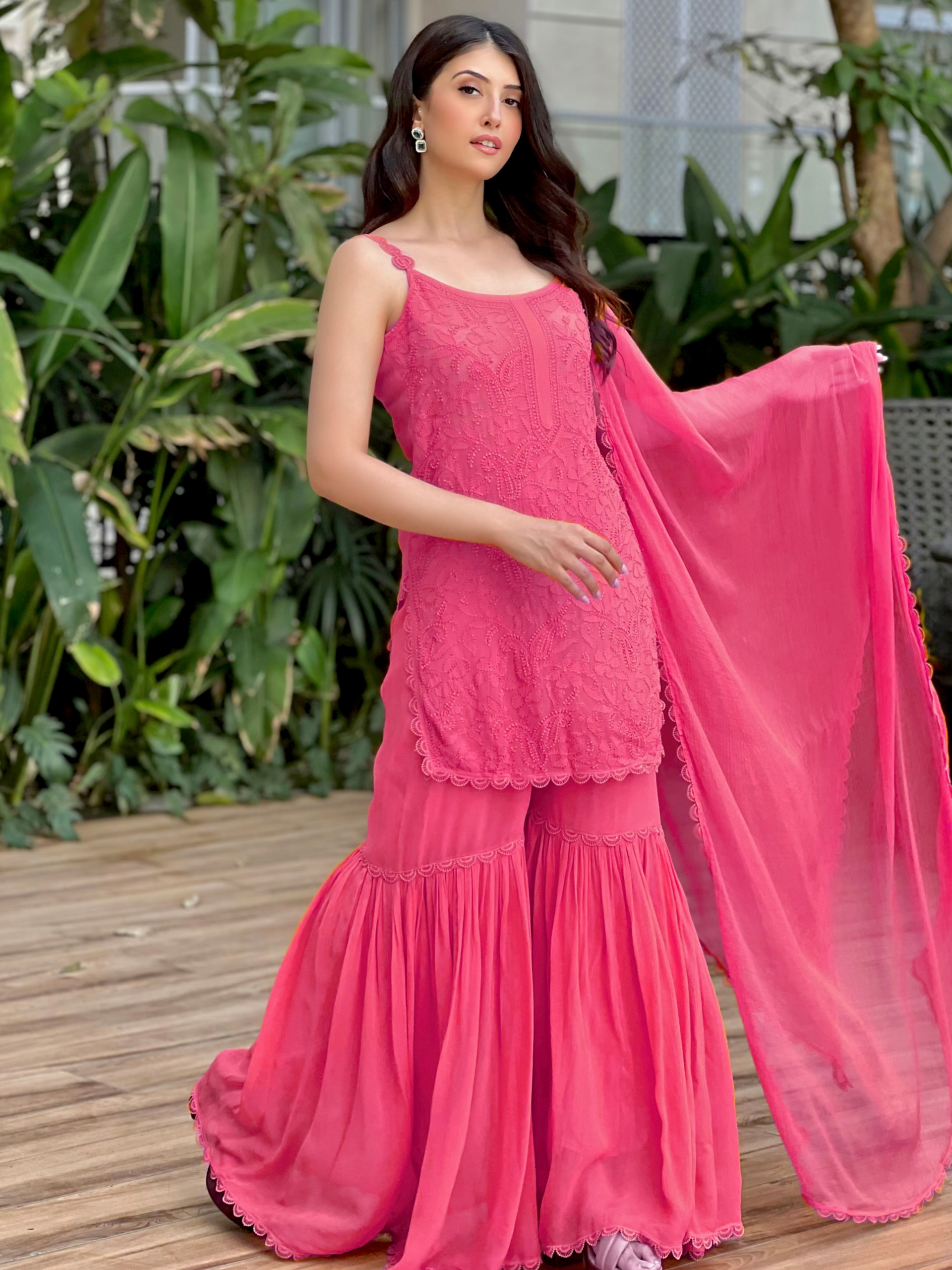 Tea Rose Chikankari Gharara Short Kurta Set (Set of 3)