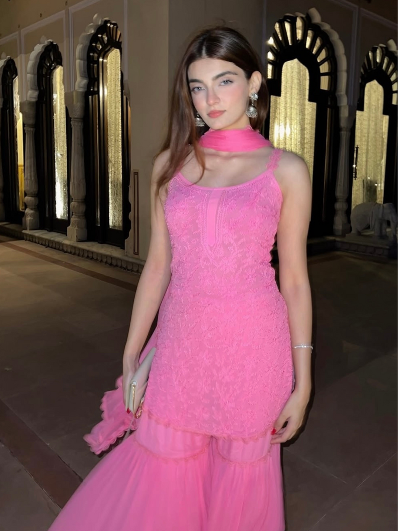 Tea Rose Chikankari Gharara Short Kurta Set (Set of 3)