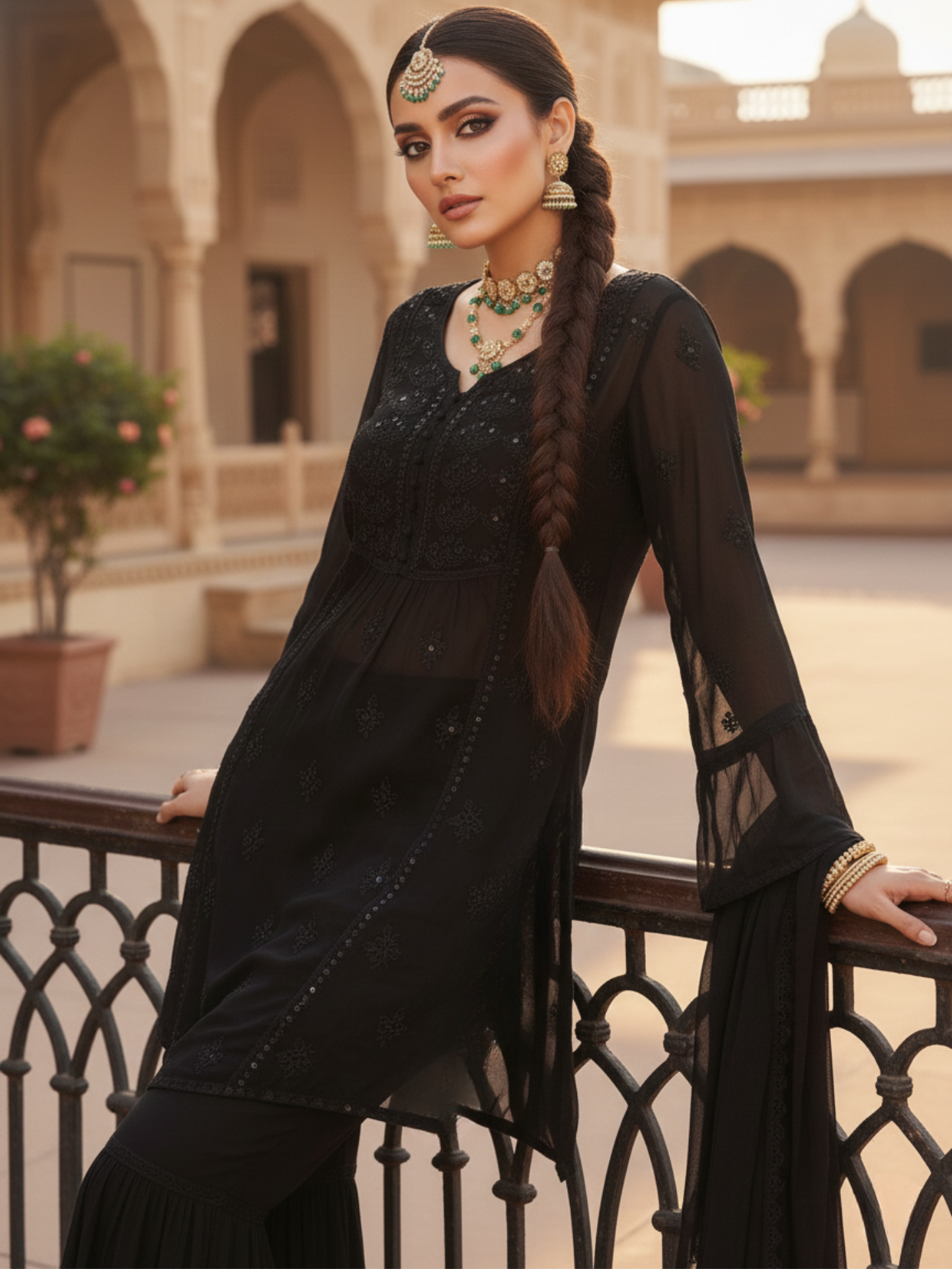 Black Summer Chikankari Gharara Short Kurta Set (Set of 3)