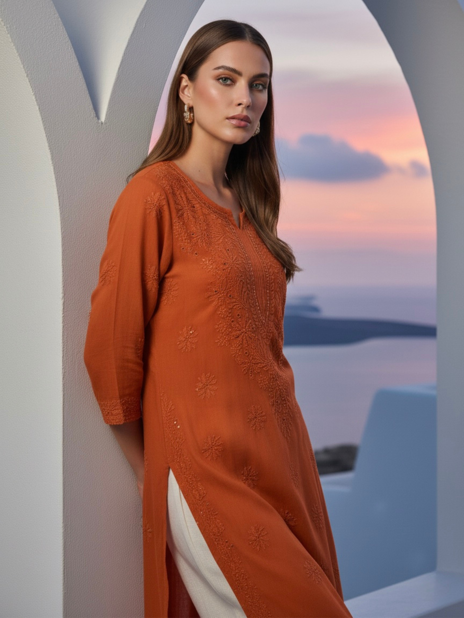 Rust Orange Gala-Booti Chikankari & Mukaish Kurta