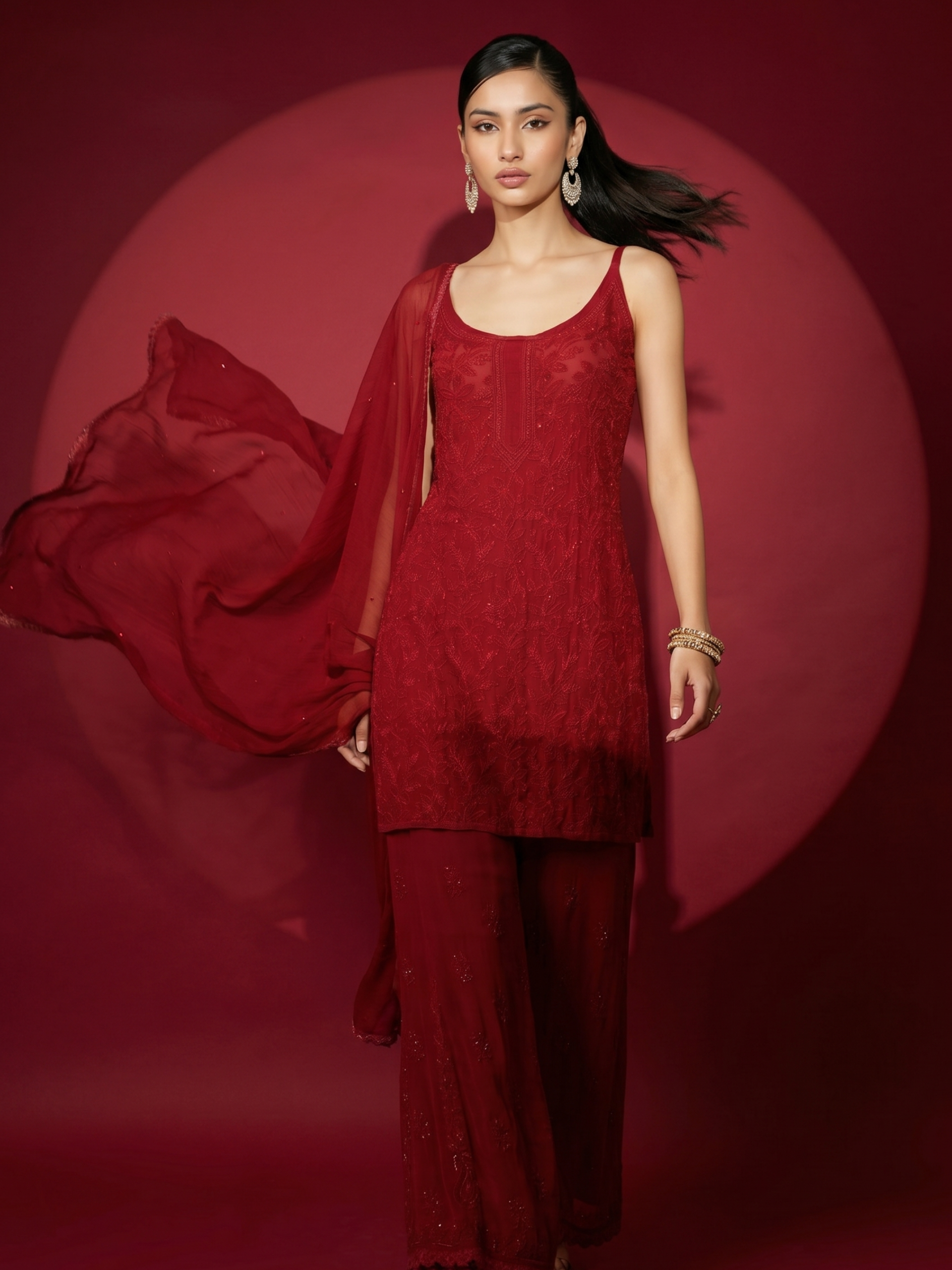Crimson Chikankari Short Kurta Set