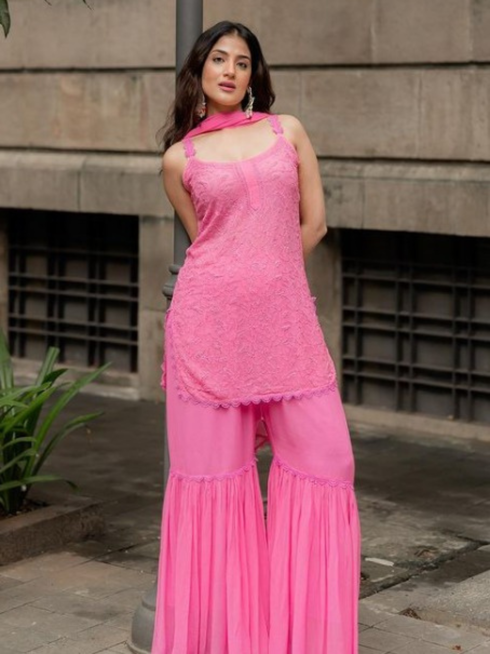 Tea Rose Chikankari Gharara Short Kurta Set (Set of 3)