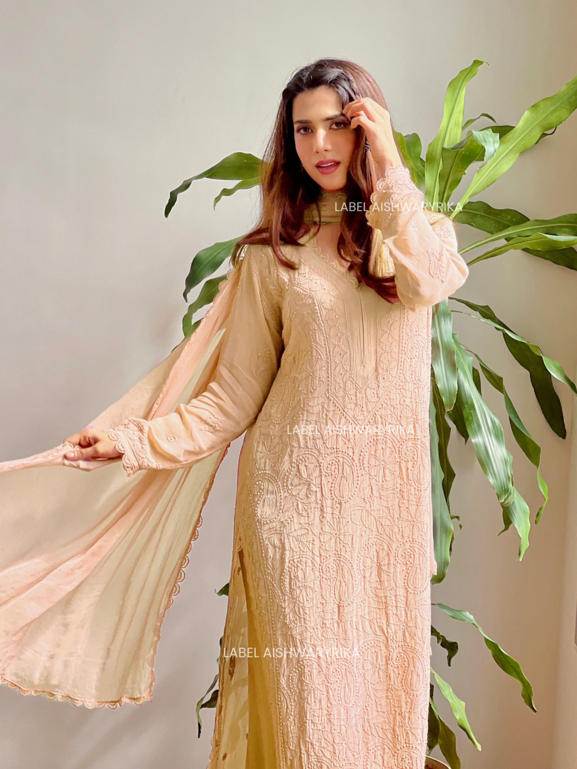 Elara Classic Beige Chikankari Kurta Set (Set of 3)