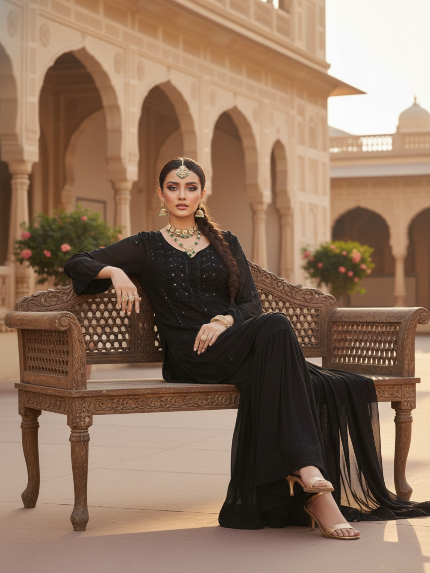 Black Summer Chikankari Gharara Short Kurta Set (Set of 3)