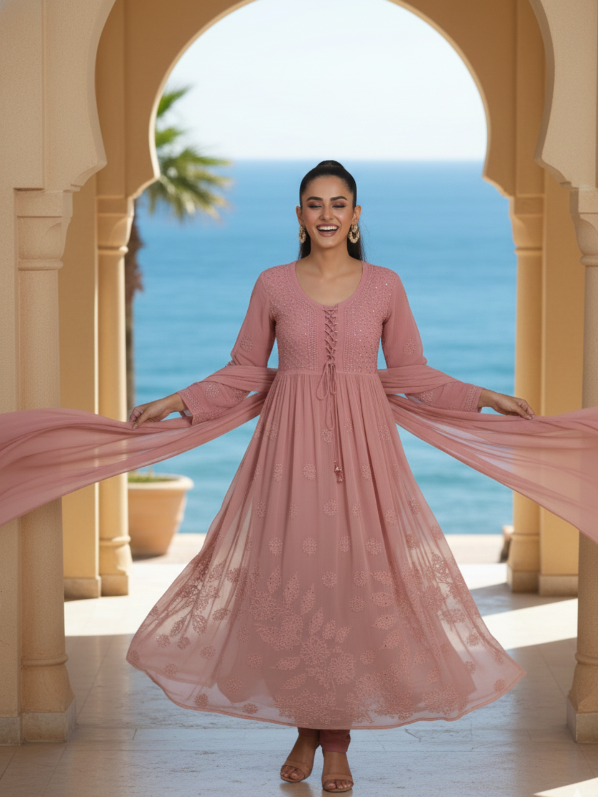 Rose Gold Chikankari Anarkali Set (Set of 3)