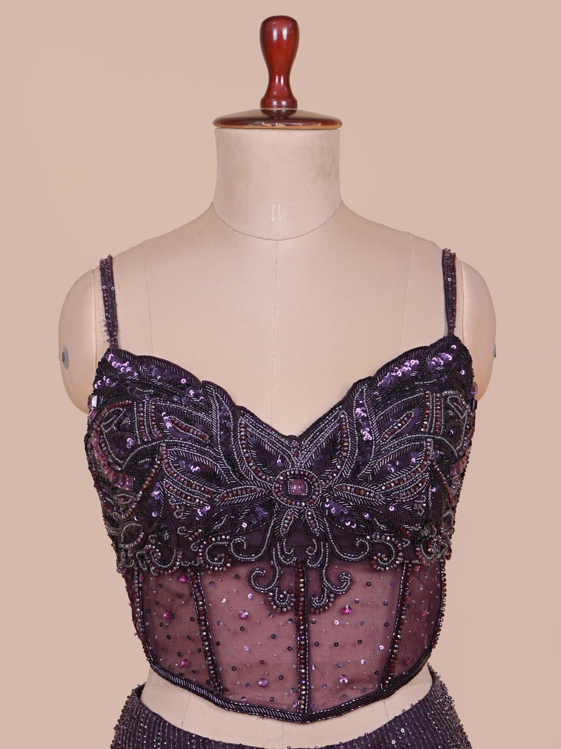 Imperial Wine Sequin & Crystal Corset Drape Saree