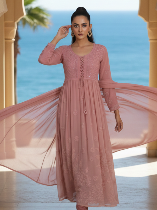Rose Gold Chikankari Anarkali Set (Set of 3)
