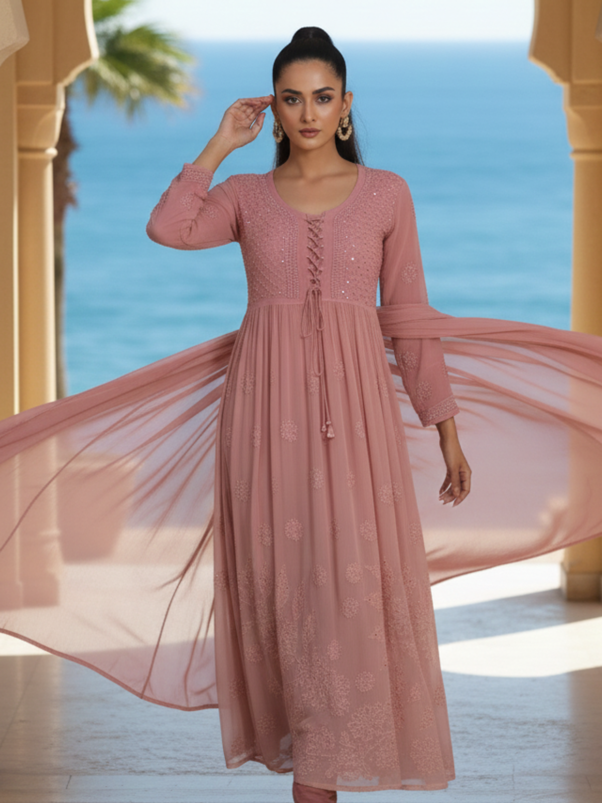 Rose Gold Chikankari Anarkali Set (Set of 3)