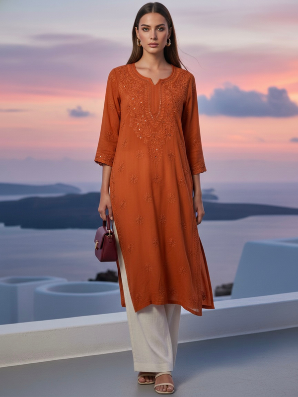 Rust Orange Gala-Booti Chikankari & Mukaish Kurta