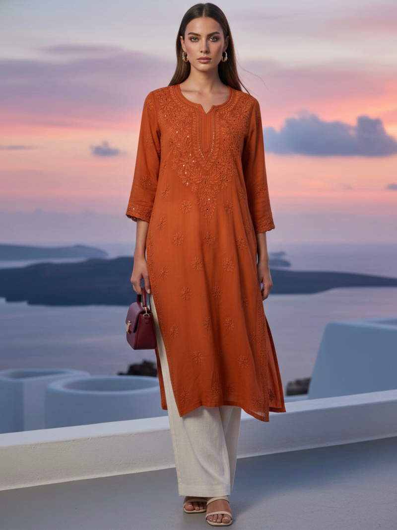 Rust Orange Gala-Booti Chikankari & Mukaish Kurta