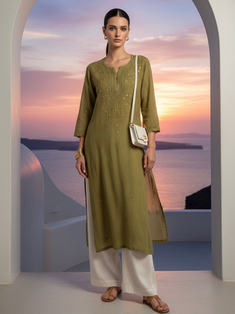 Olive Gala-Booti Chikankari & Mukaish Kurta