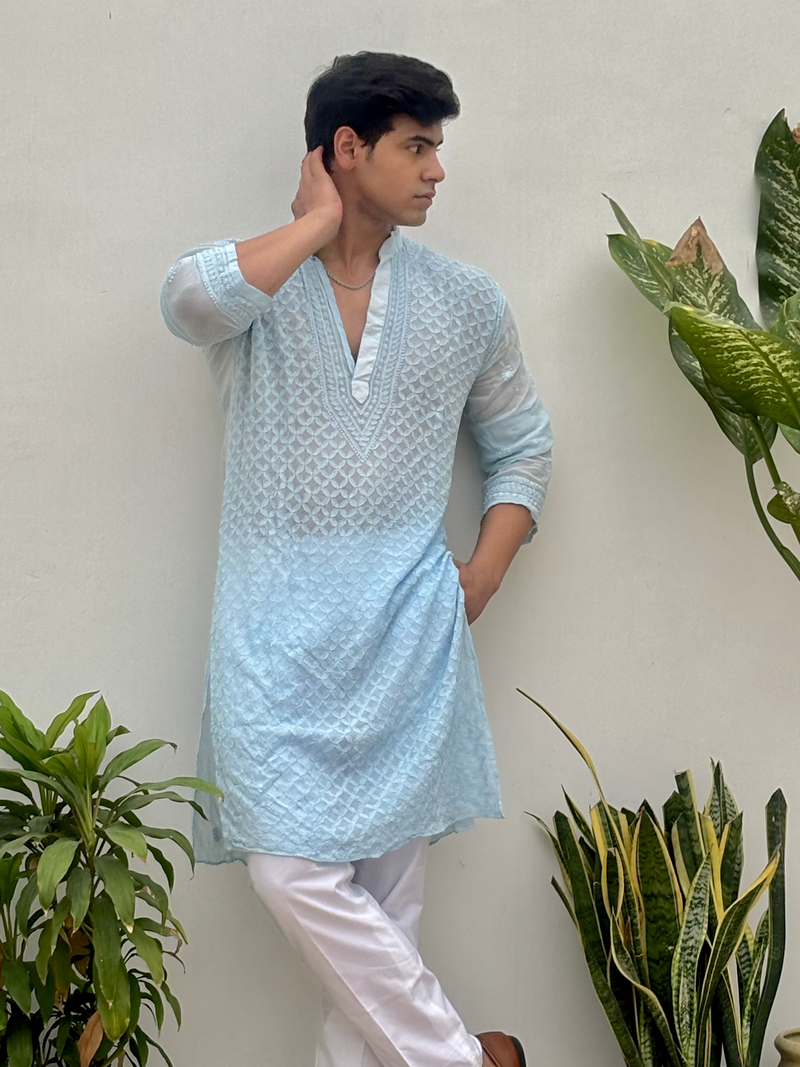 Skyline Mist Mens Chikankari Hand-embroidered Kurta