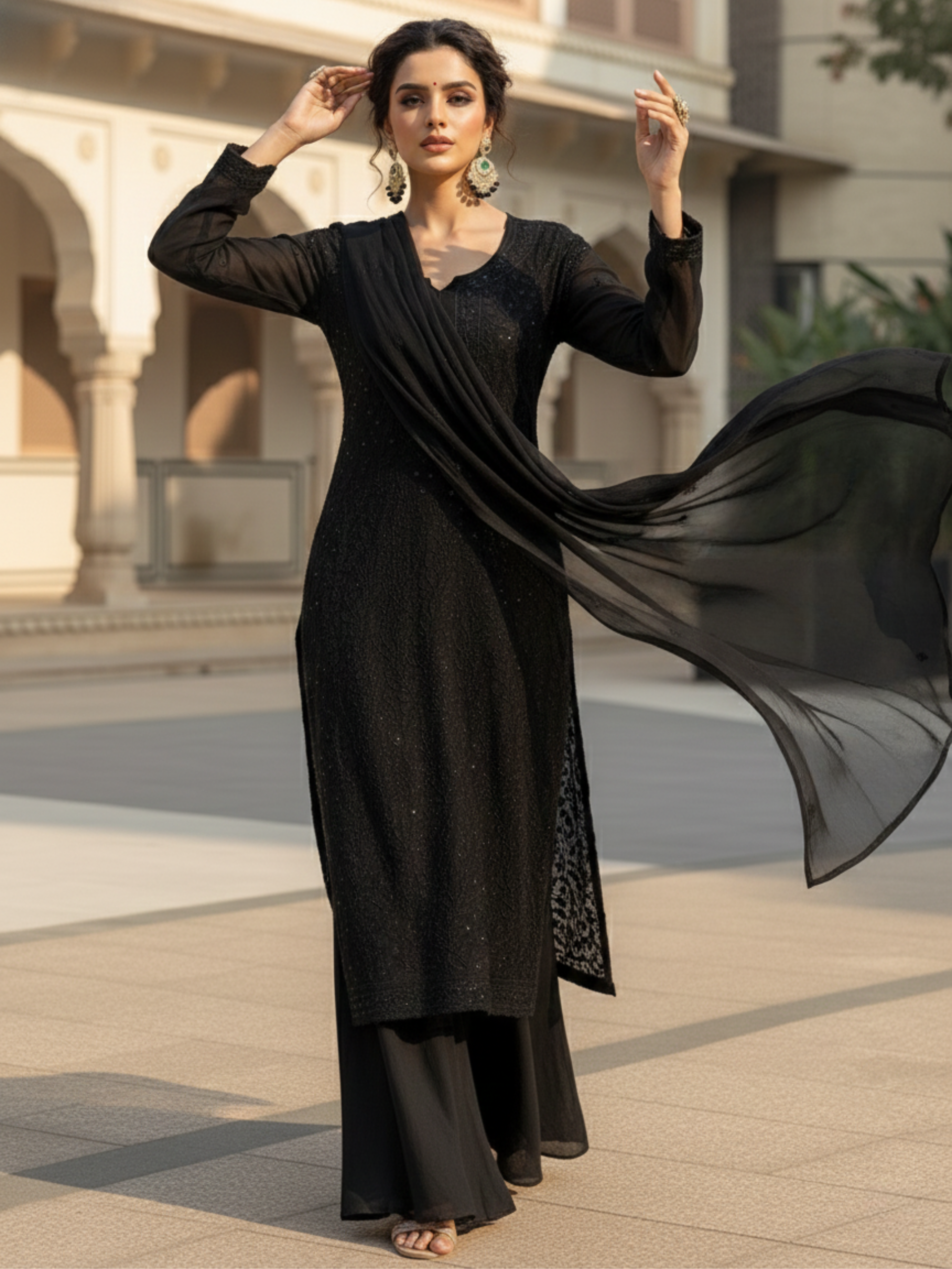 Black Rose Chikankari and Mukaish Set (Set of 3)