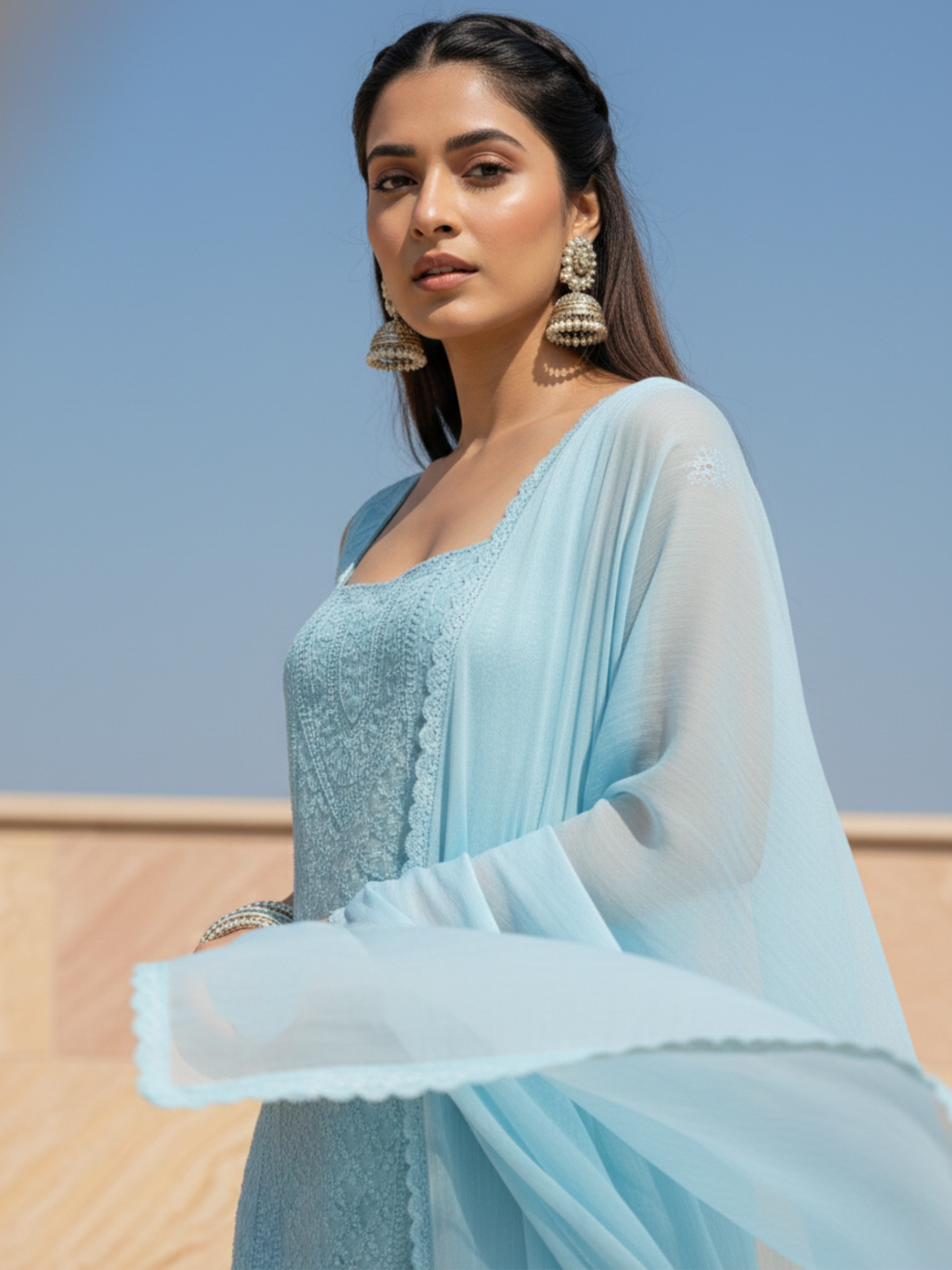 Island Blue Chikankari Square Neck Kurta-Set