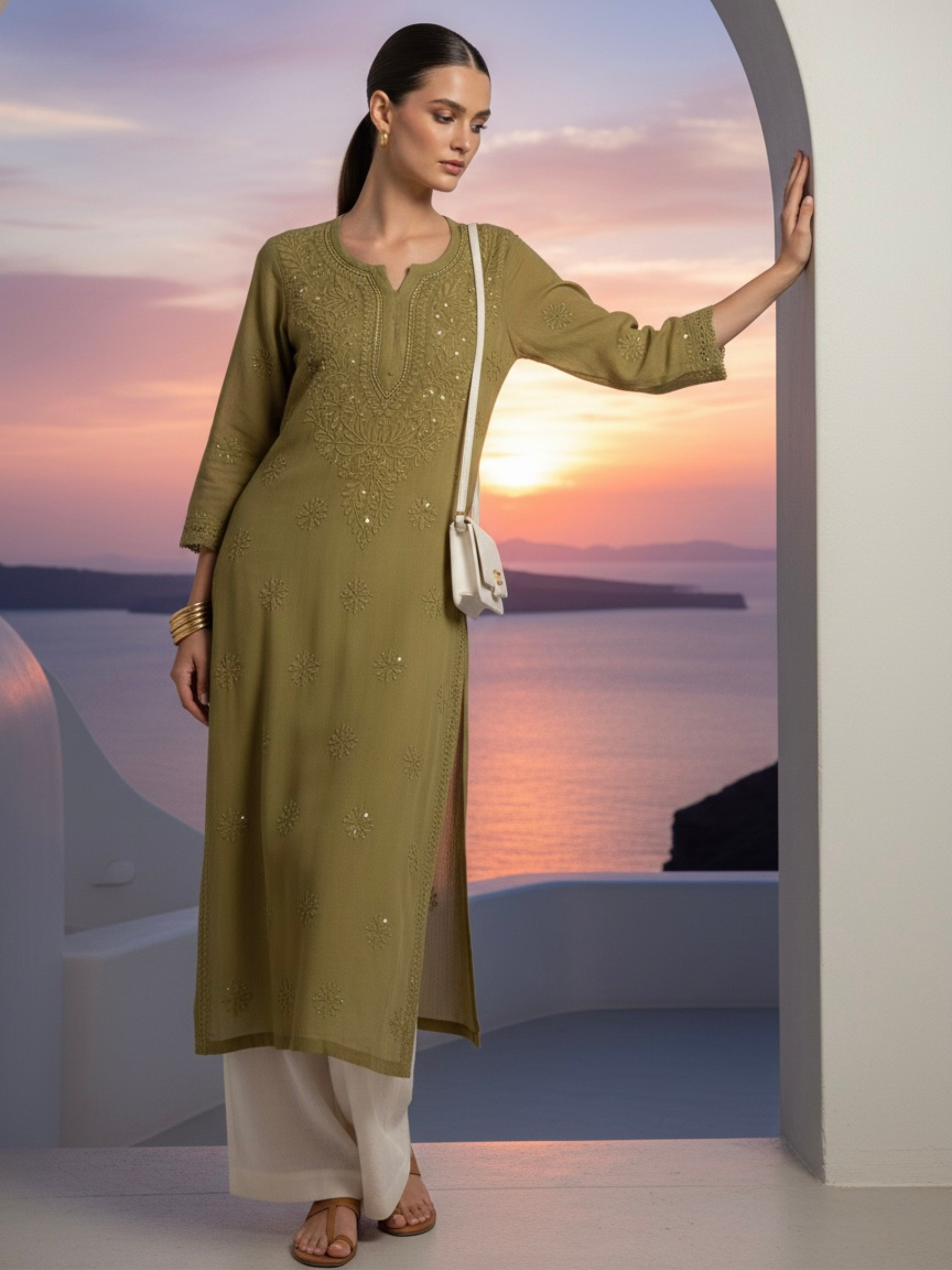 Olive Gala-Booti Chikankari & Mukaish Kurta