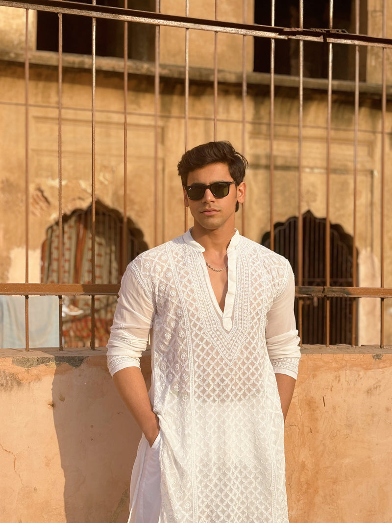 Orion White Mens Chikankari Hand-embroidered Kurta