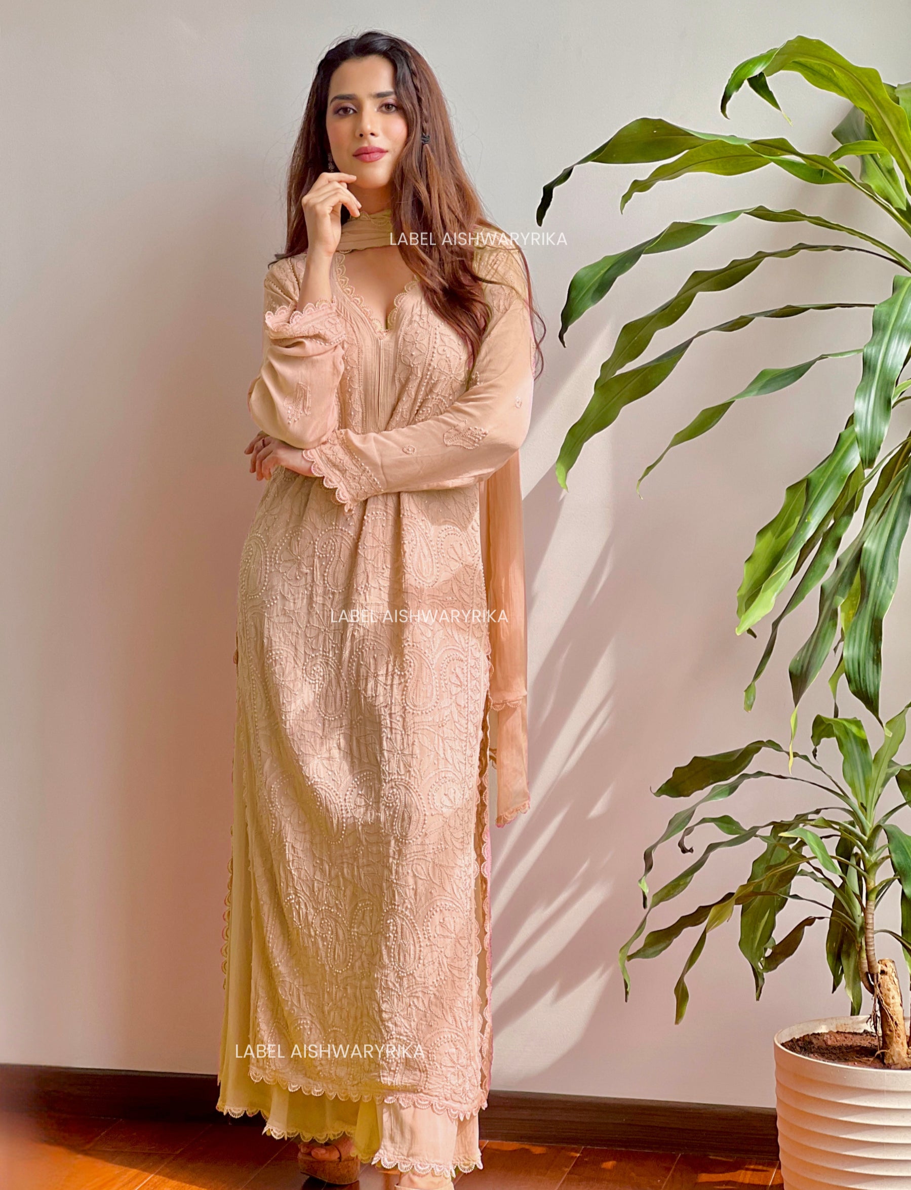 Elara Classic Beige Chikankari Kurta Set (Set of 3)