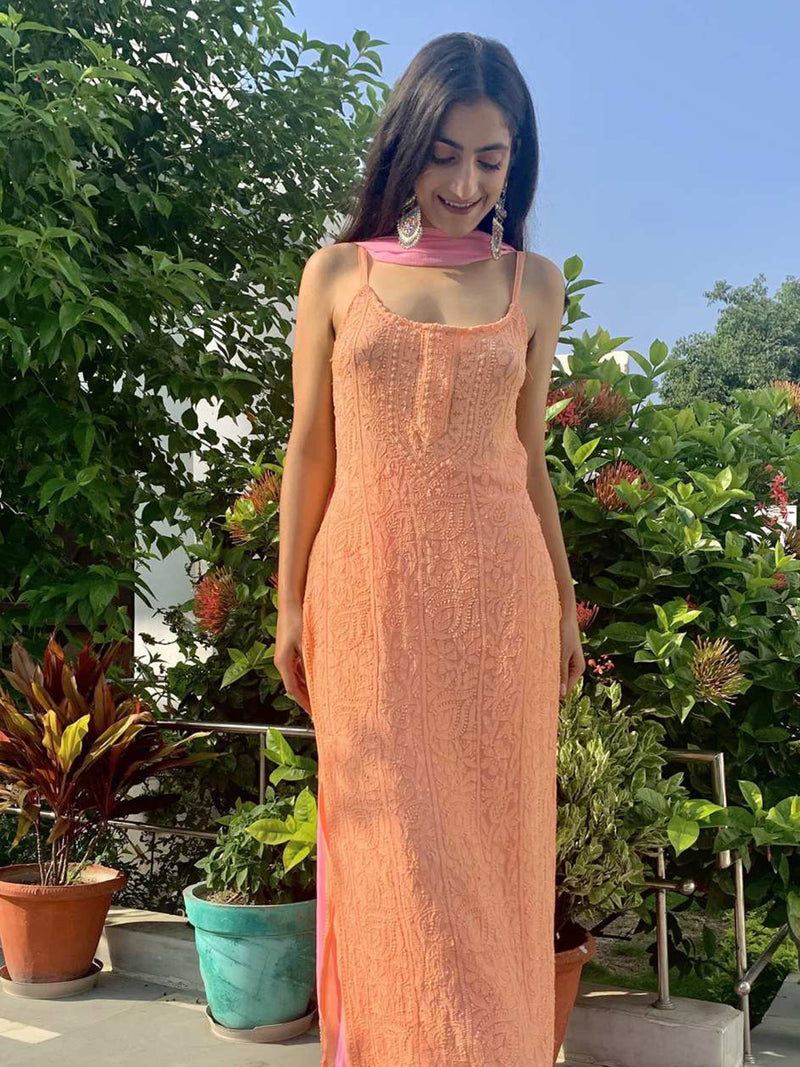 Coral Blush Strappy Chikankari Kurta Set (Set of 3)