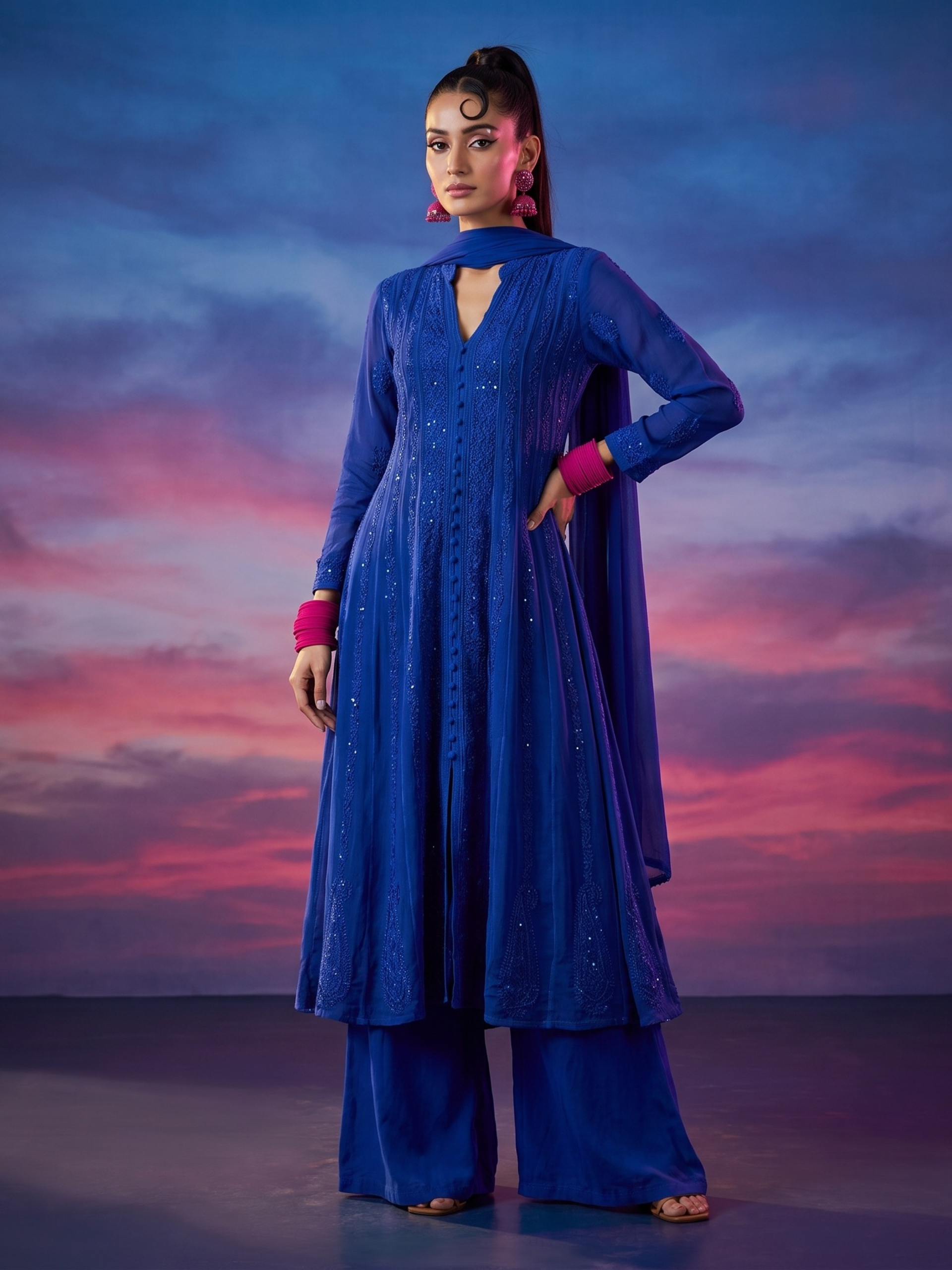 Sapphire Positano Chikankari & Mukaish Anarkali Set (Set of 3)