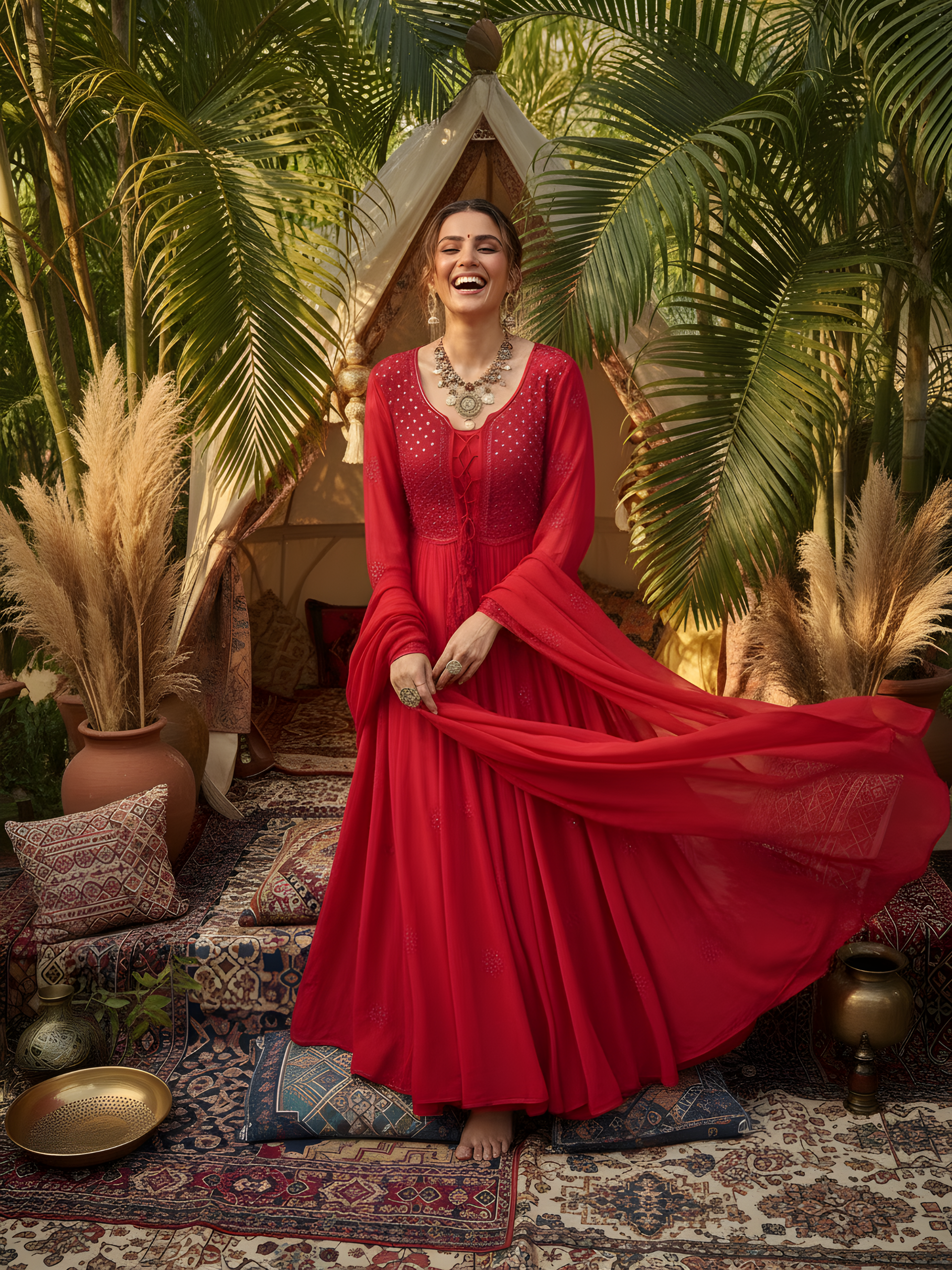 Crimson Glow Chikankari Anarkali Set (Set of 3)