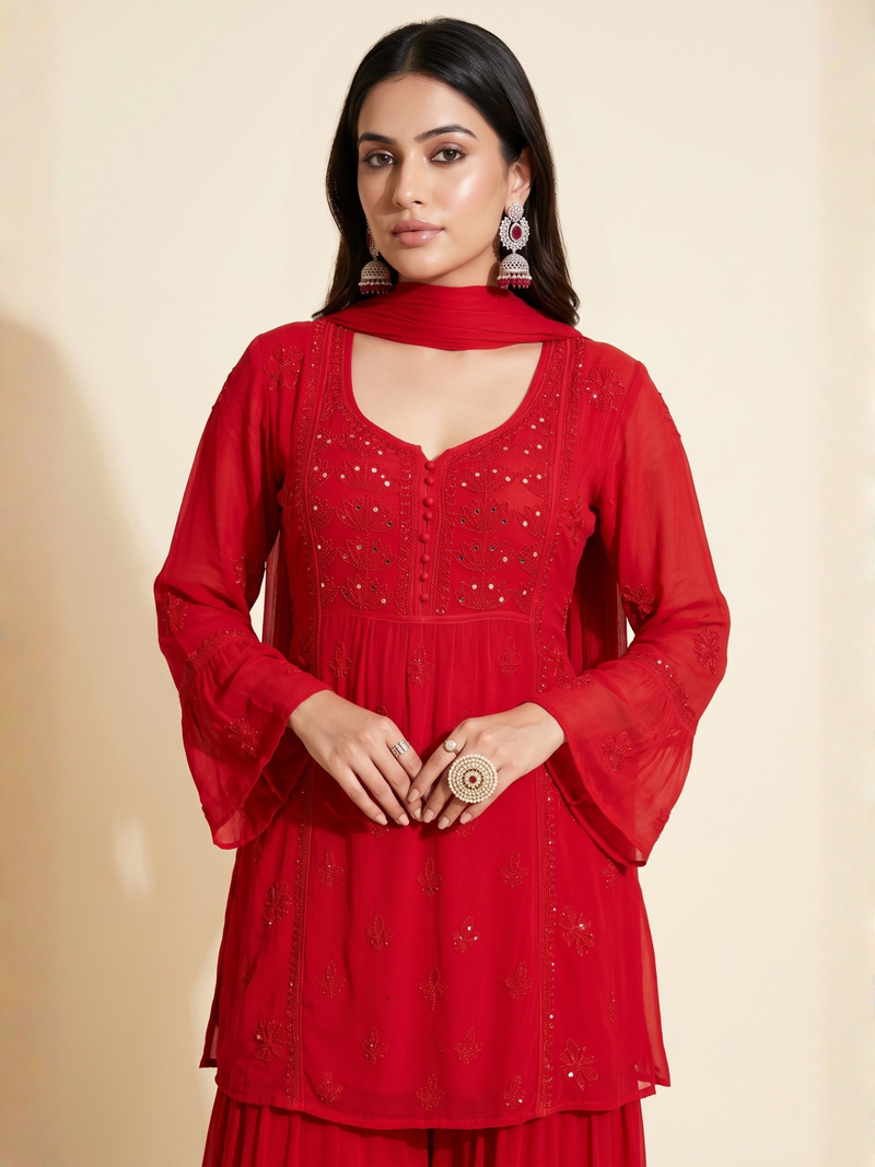 Carmine Chikankari Kurta - Gharara Set (Set of 3)