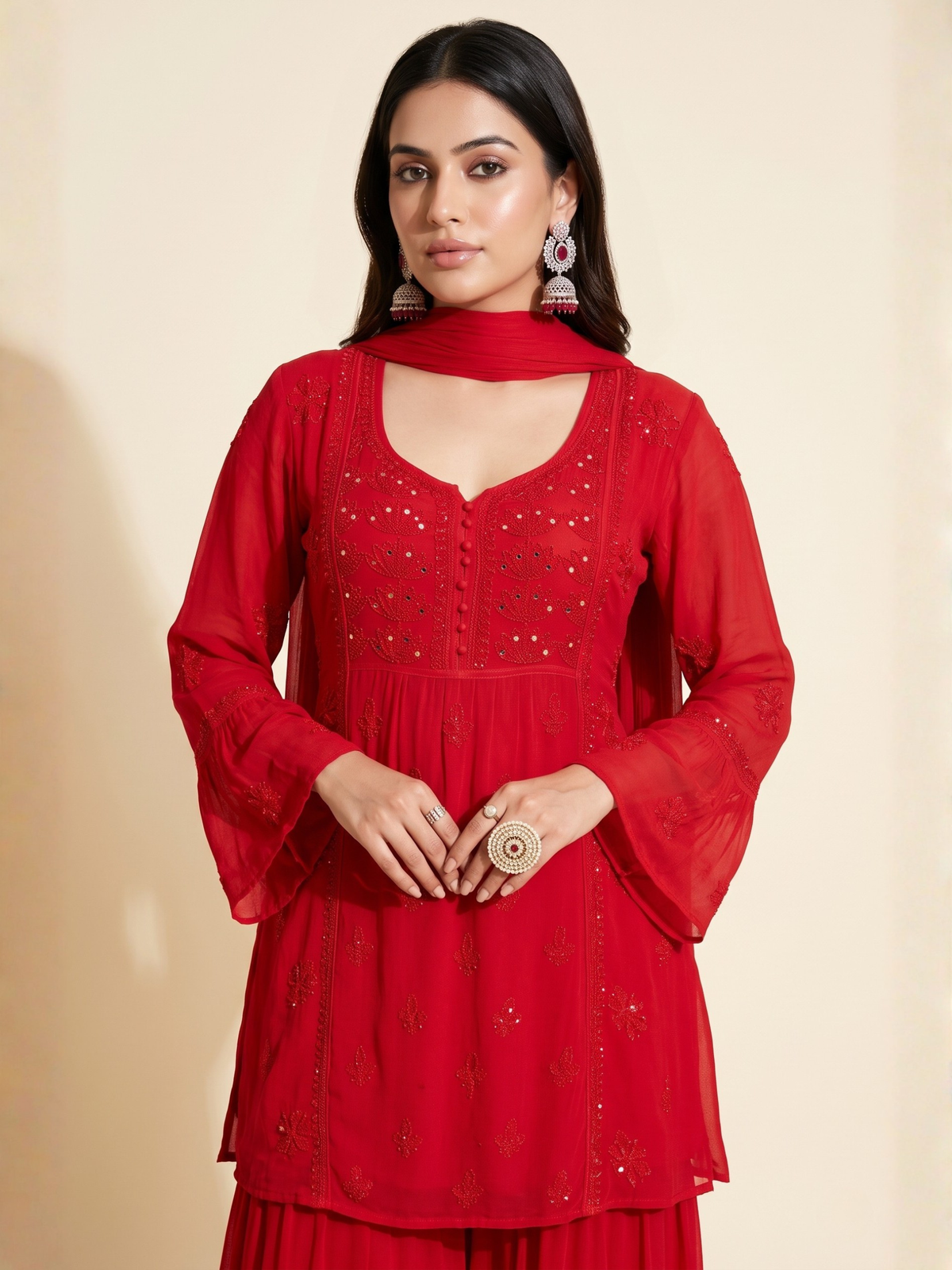 Carmine Chikankari Kurta - Gharara Set (Set of 3)