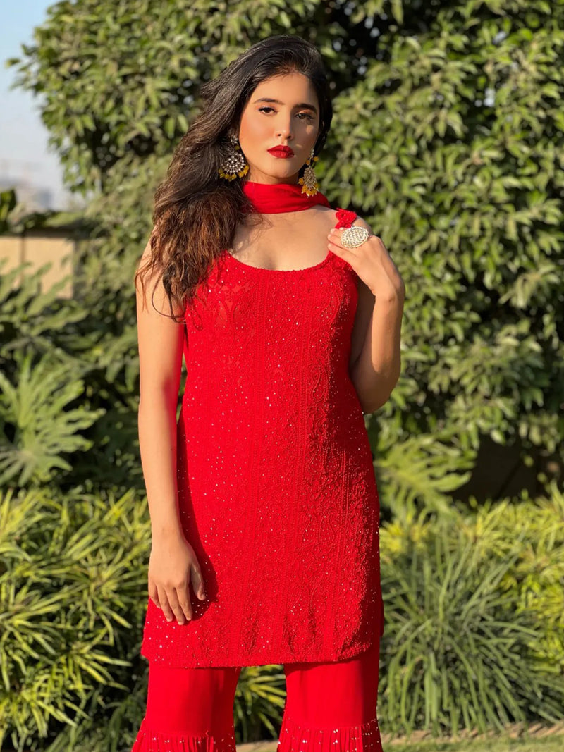 Rose Red Chikankari Gharara Set