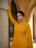 Tuscan Yellow Chikankari & Mukaish Anarkali Set (Set of 3)