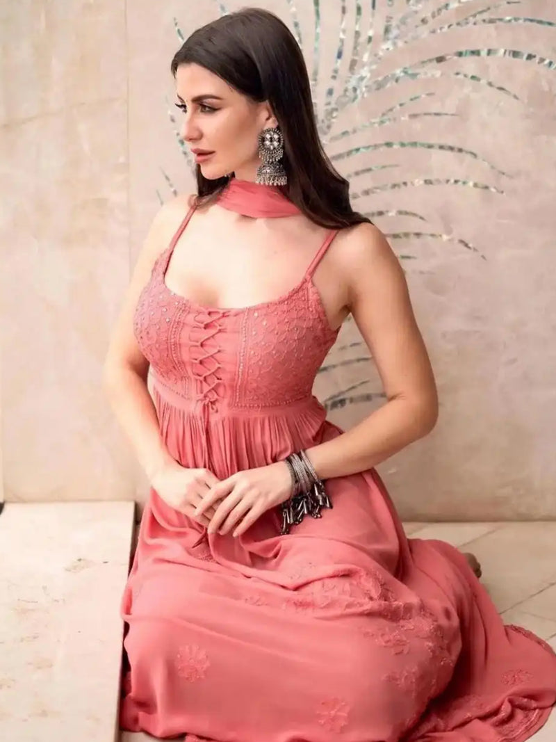 Carrot Pink Anarkali Chikankari Kurta Set - Shop Label Aishwaryrika