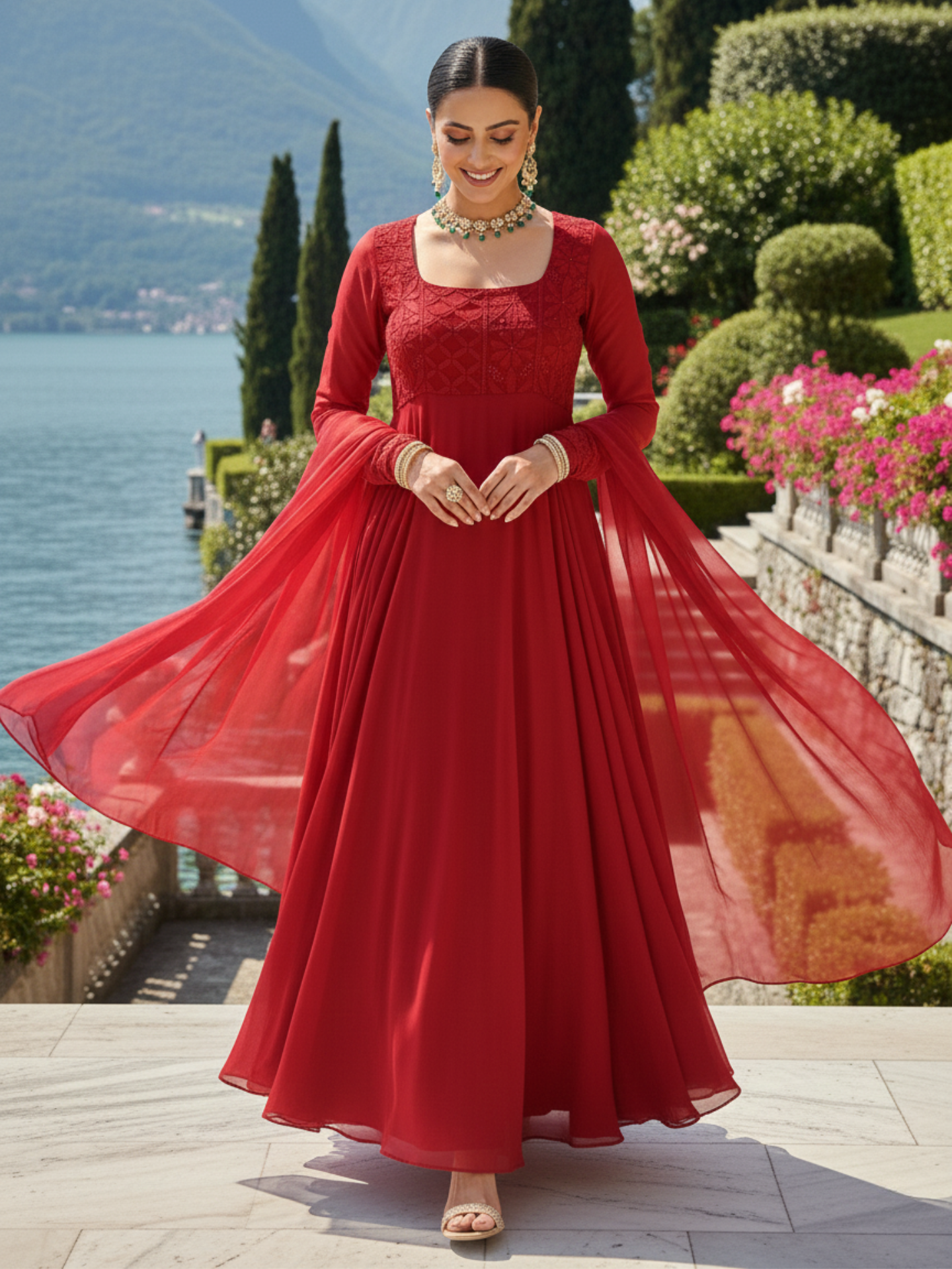 Bordeaux Red Chikankari Anarkali (Set of 3)